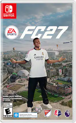 NINTENDO SWITCH
EA SPORTS
FC27
Emirates FLY BETTER
REQUIRES CONTENT DOWNLOAD
NÉCESSITE LE TÉLÉCHARGEMENT DE CONTENU
EVERYONE ENFANTS et ADULTES
E ESRB
Download required. See back.
Téléchargement nécessaire. Voir au verso.
MLS
NWSL - E (Everyone)