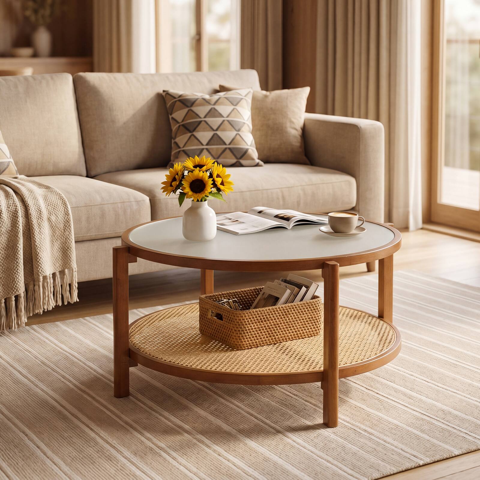 Alt View 4. Gymax - Gymax Rattan Coffee Table 2-Tier Wooden Center Table w/ Frosted Tempered Glass Top - Brown.