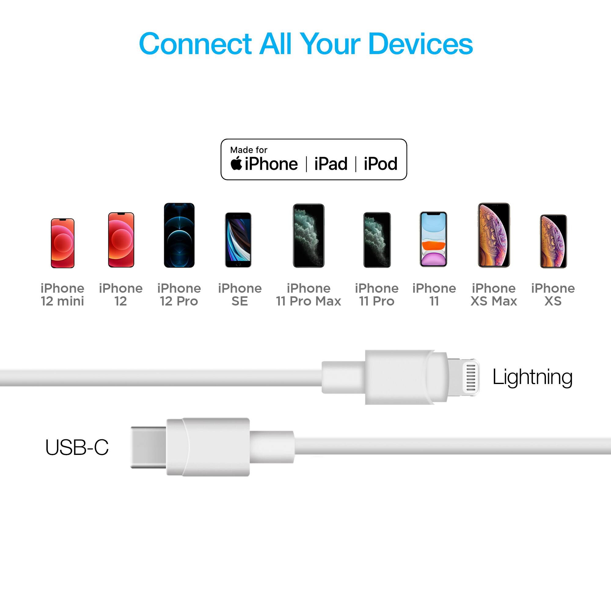 Connect All Your Devices

Made for iPhone iPad iPod

iPhone 12 mini
iPhone 12
iPhone 12 Pro
iPhone SE
iPhone 11 Pro Max
iPhone 11 Pro
iPhone 11
iPhone XS Max
iPhone XS

USB-C Lightning