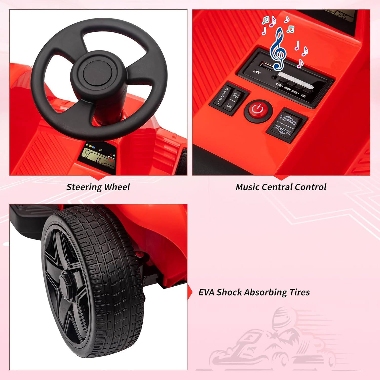 - Steering Wheel
- Music Central Control
- EVA Shock Absorbing Tires