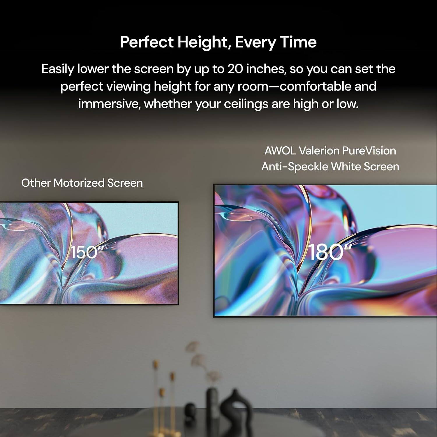 Perfect Height, Every Time

Easily lower the screen by up to 20 inches, so you can set the perfect viewing height for any room—comfortable and immersive, whether your ceilings are high or low.

Other Motorized Screen

AWOL Valerion PureVision Anti-Speckle White Screen

150" 180"
