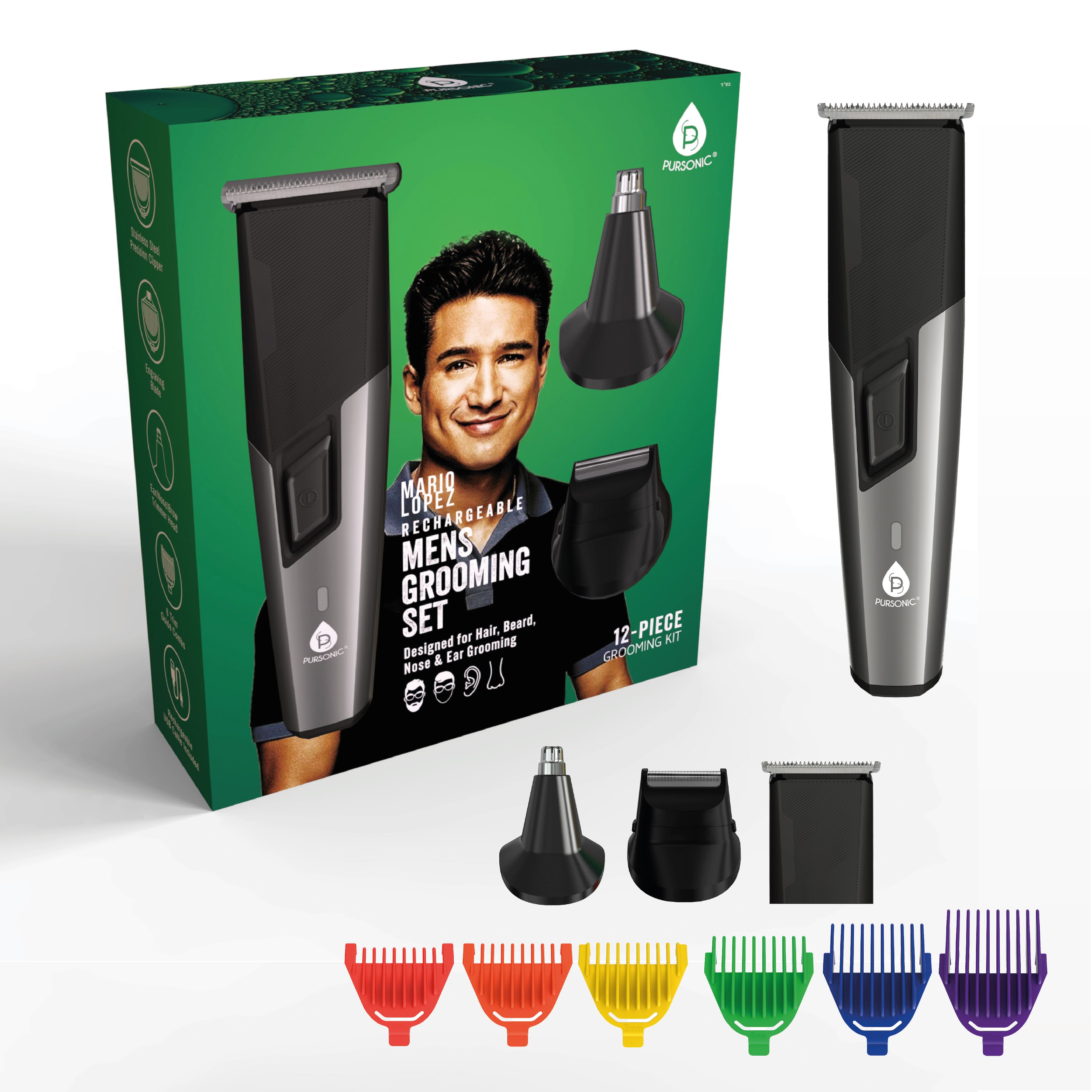 Pursonic - Mario Lopez Rechargeable Men's Grooming Set - Complete Hair, Beard, Nose, and Ear Grooming Kit - Black