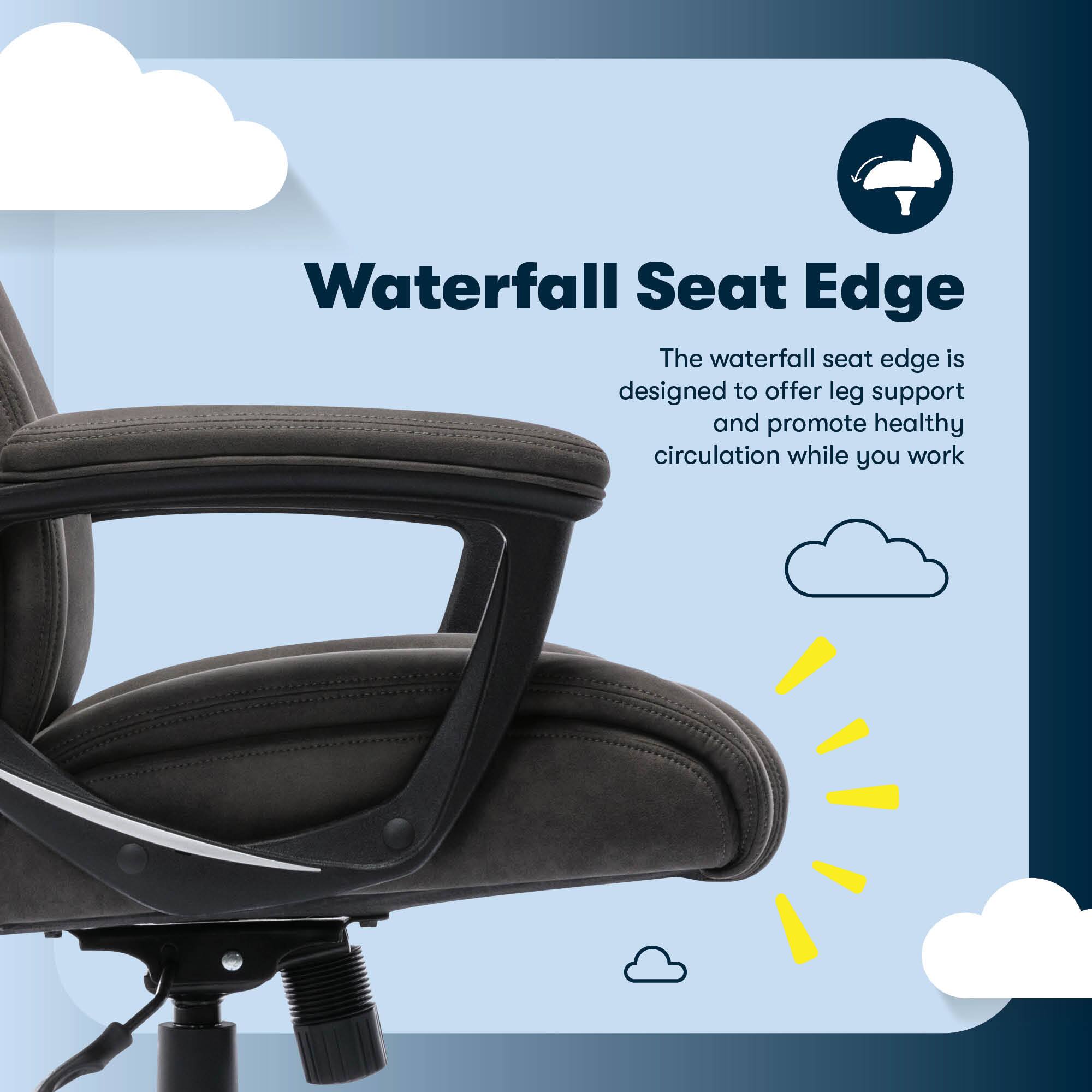 Waterfall Seat Edge The waterfall seat edge is designed to offer leg support and promote healthy circulation while you work.