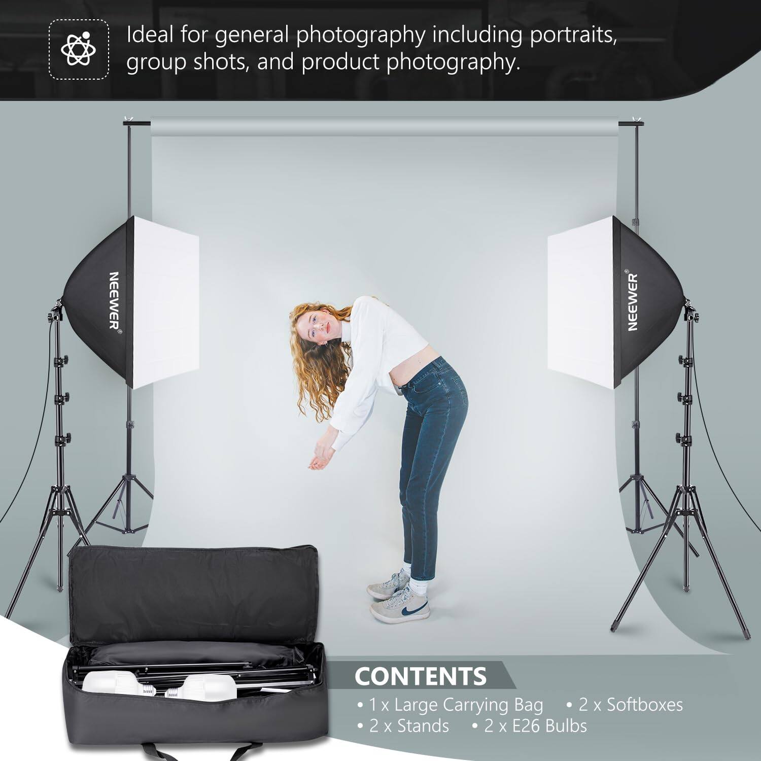 Ideal for general photography including portraits, group shots, and product photography.

CONTENTS
- 1 x Large Carrying Bag
- 2 x Softboxes
- 2 x Stands
- 2 x E26 Bulbs