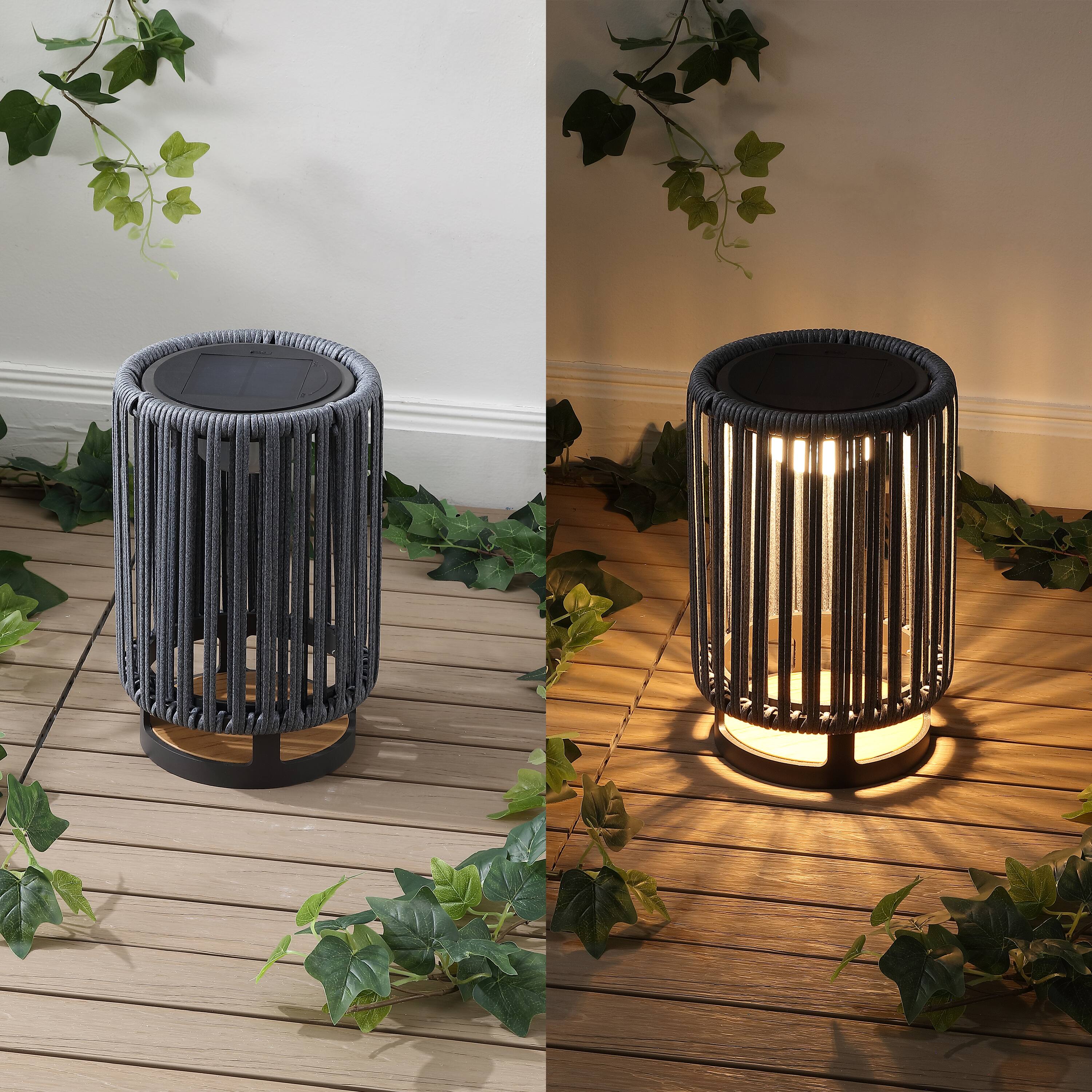 Alt View 4. Jonathan Y - Sawara 12.5" Modern Minimalist Faux Rattan Integrated Indoor/Outdoor LED Solar Powered Lantern, Charcoal/Black - Black/Gray.