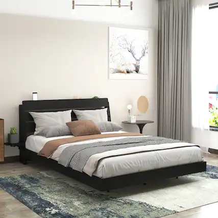 Front. LUCKY ONE - Queen Size Floating Bed Frame with Led Lights and Charging Station - Black.