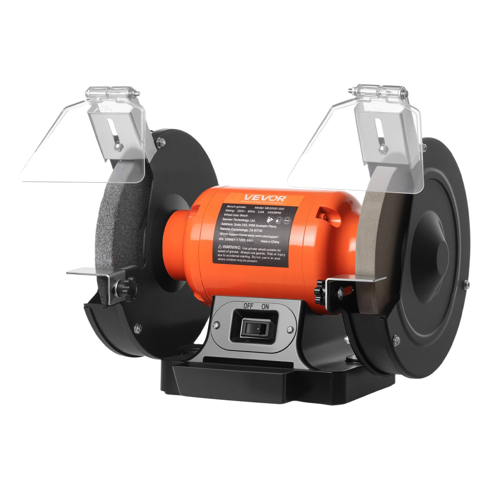 VEVOR Artch grinder  
Model: ME2000-350  
Key: DOV-  
Weight: 53kg  
RPM: 3450RPM  
Wholesale by: Sinch Sanven Technology Ltd.  
Address: Suite 250, 1166 Anaham Place, Rancho Cucamonga, CA 91730  
VEVOR Support Center: www.vevor.com/support  
SN: 250601 1 7203 0001  
Made in China  

WARNING:  
- Grinder added NOODOR of Suitable for grinding.  
- Never use goggles.  
- Risk of injury: accidental starting.  
- Do not use where children may be present.  

OFF ON