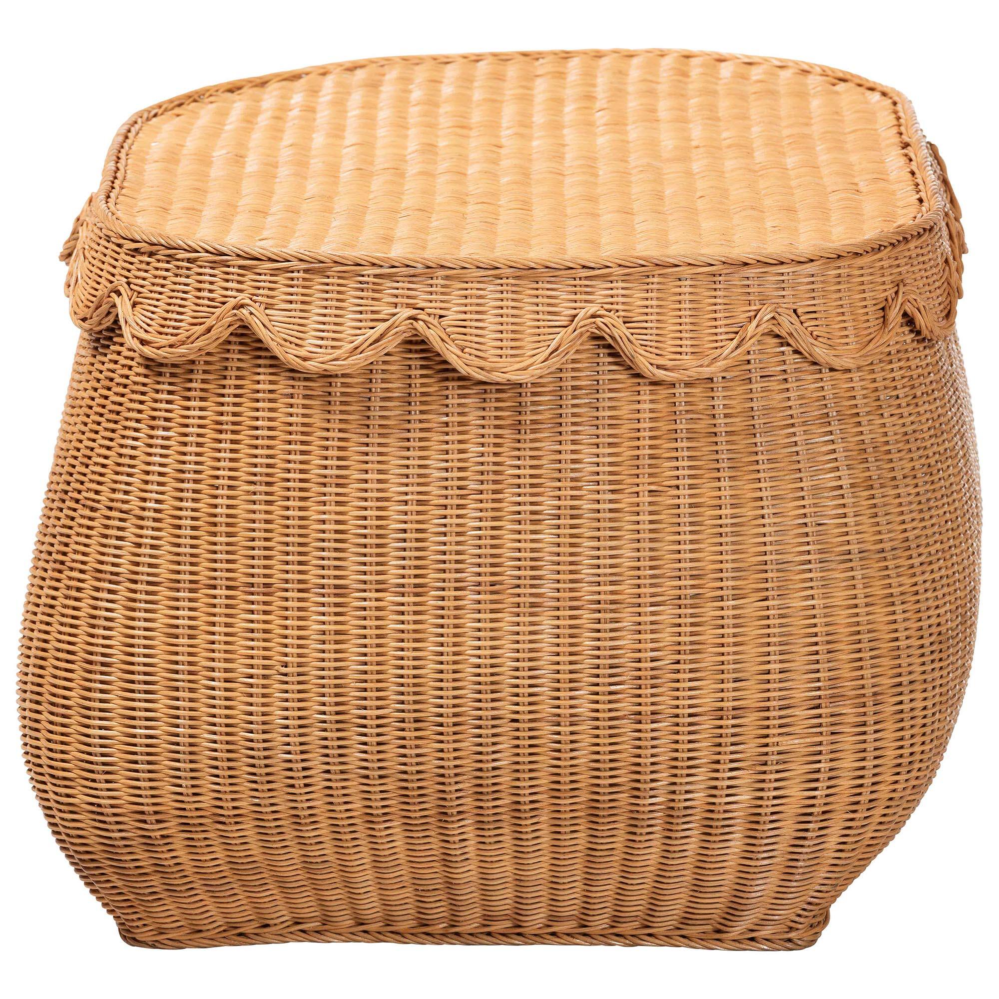 Back. bali & pari - Ayleen Natural Rattan Basket with Scalloped Lid – Handwoven Wicker Storage Box, Boho Coastal Home Décor, Large - Light Honey.