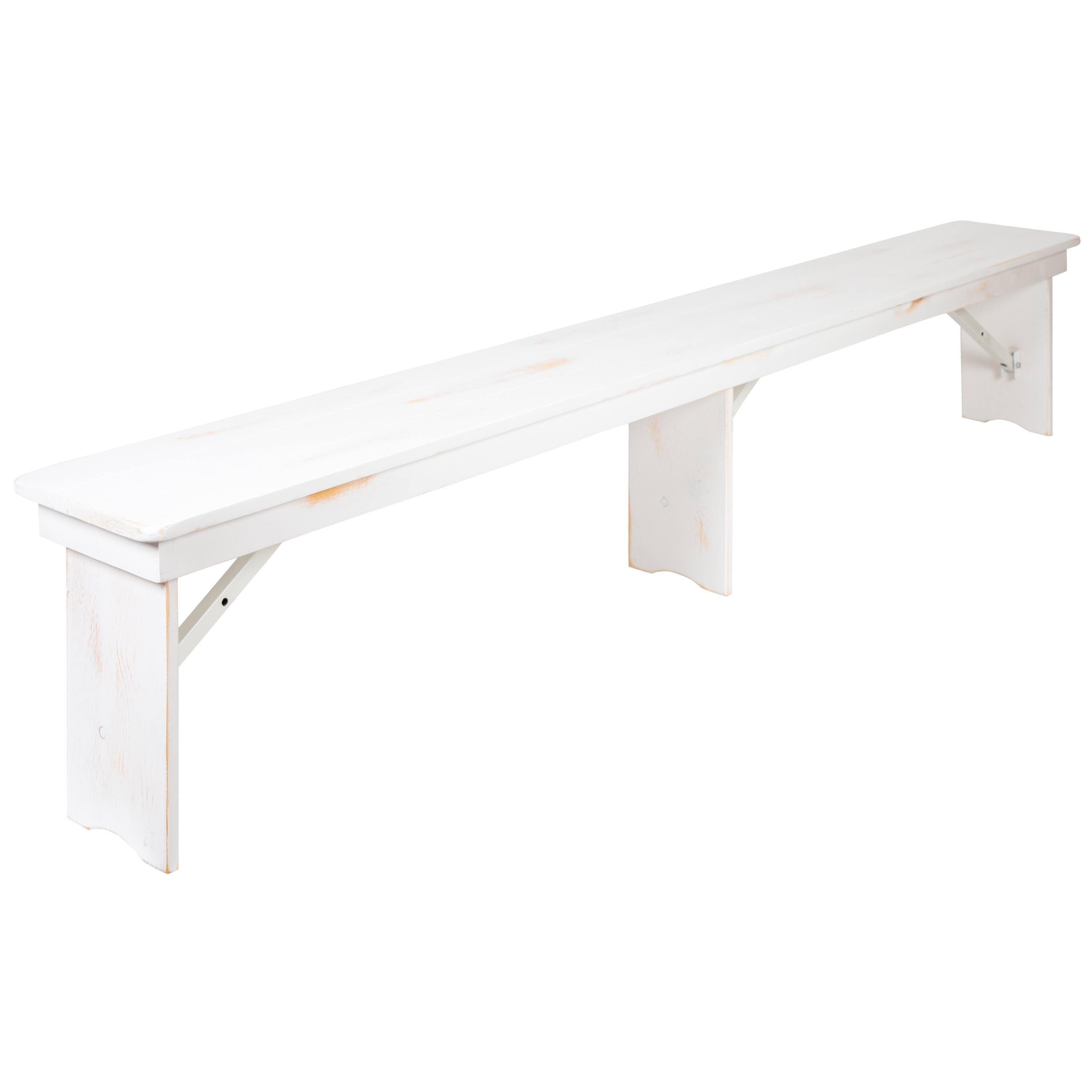 Front. Alamont Home - HERCULES Series 8' x 12'' Solid Pine Folding Farm Bench with 3 Legs - Antique Rustic White.