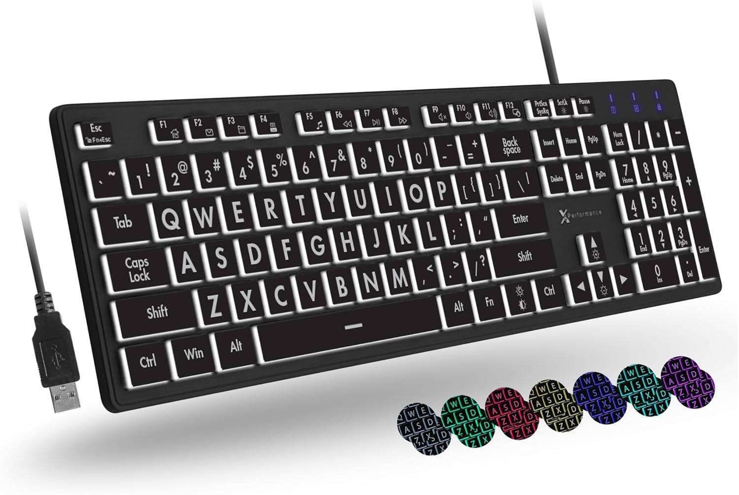 X9 - Large Print Backlit Keyboard | Wired Light Up Computer Keyboard for PC Desktop Computer and Laptop - Black