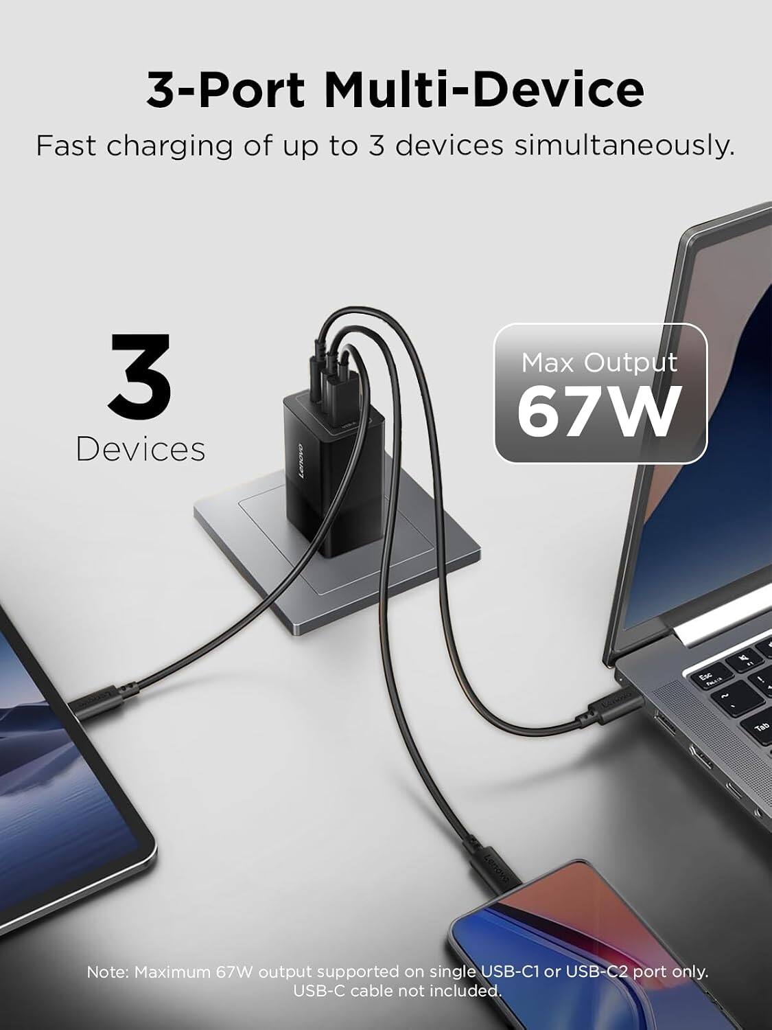 3-Port Multi-Device Fast charging of up to 3 devices simultaneously.

3 Devices
Max Output 67W

Note: Maximum 67W output supported on single USB-C1 or USB-C2 port only. USB-C cable not included.