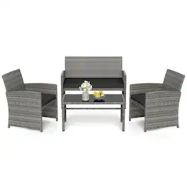 Costway - 4 PCS Patio Furniture Set with Tempered Glass Coffee Table Loveseat 2 Single Sofas - Black,Gray