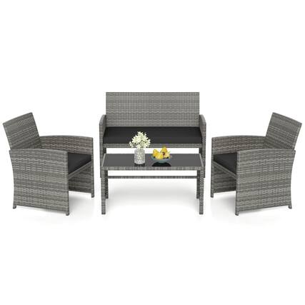 Front. Costway - Costway 4 PCS Patio Furniture Set with Tempered Glass Coffee Table Loveseat 2 Single Sofas - Black,Gray.