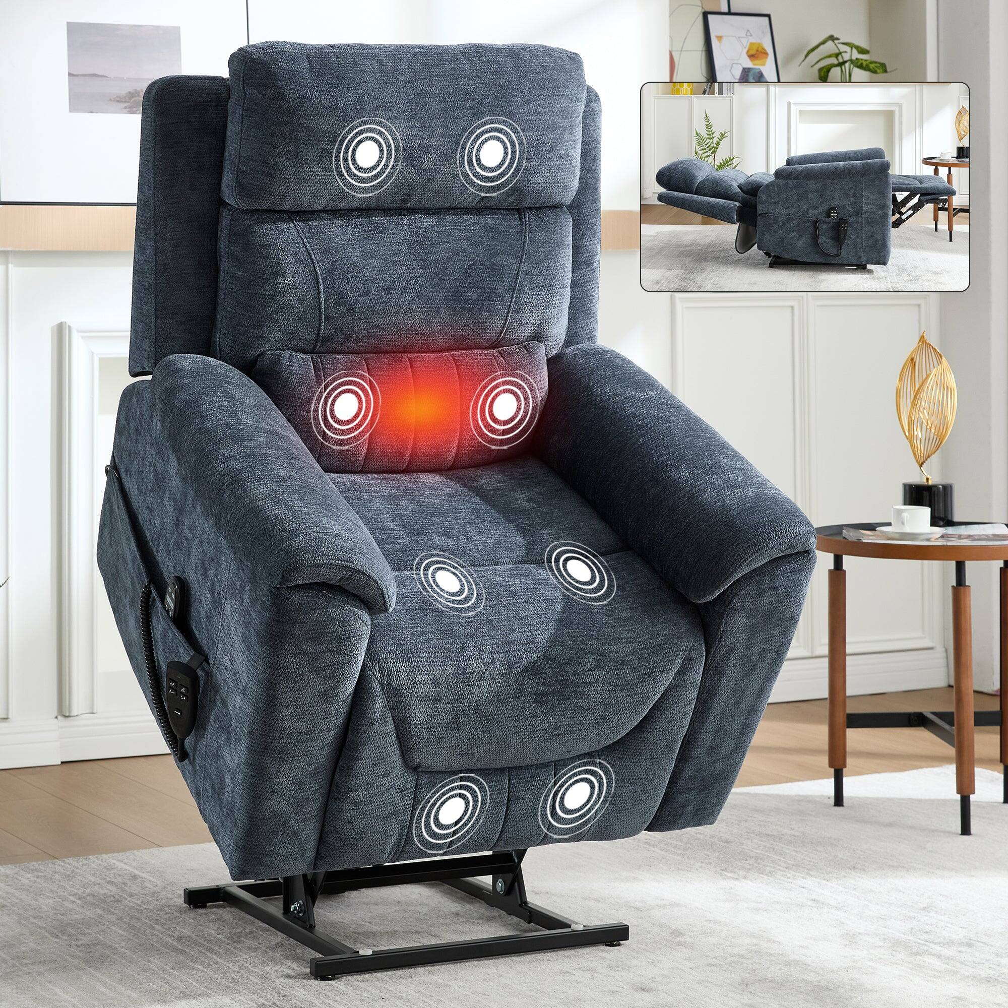 Alt View 1. Boyel Living - Blue Chenille Dual Motor Power Lift Recliner Chair, Infinite Position, 350 LBS, 8-Point Massage & Lumbar Heat - Blue.
