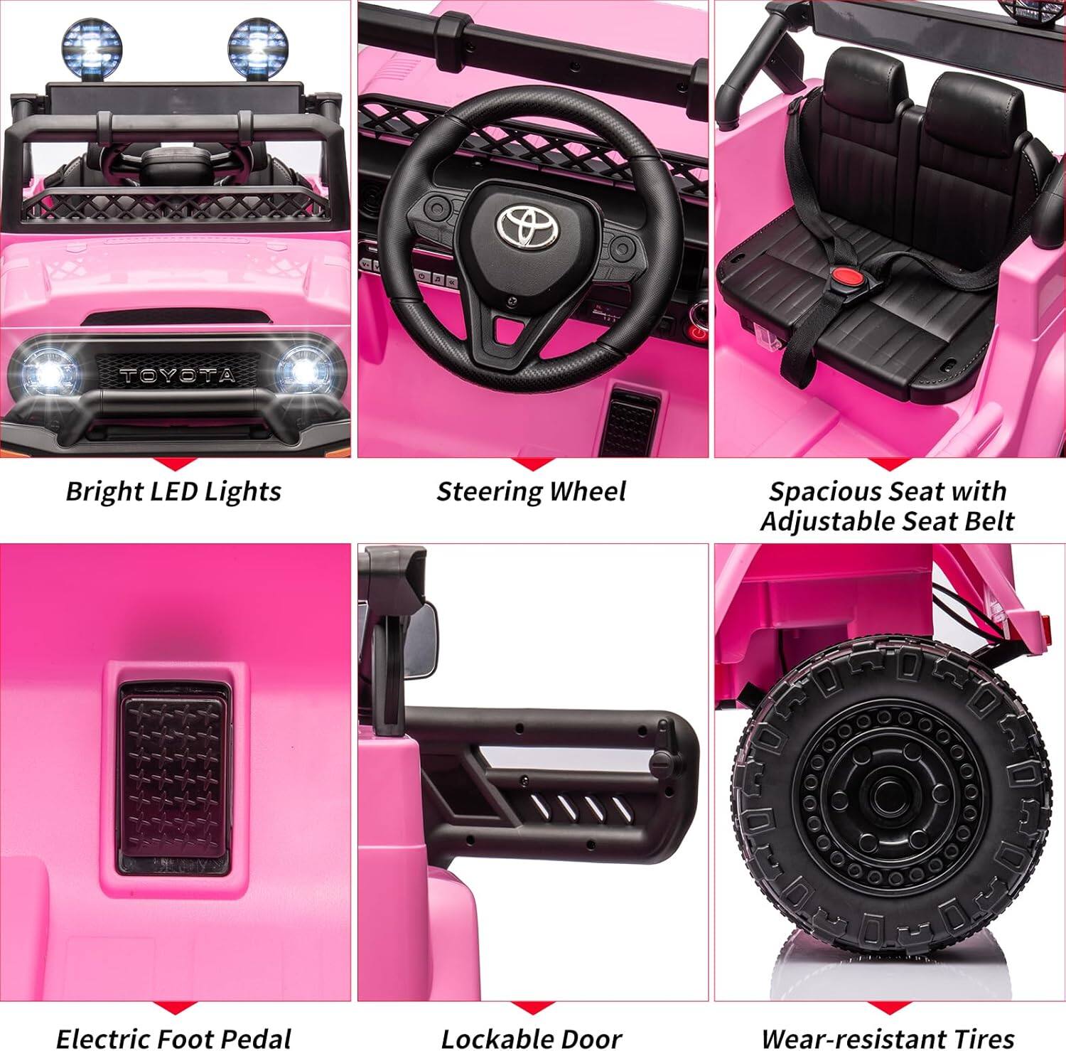 - Bright LED Lights
- Steering Wheel
- Spacious Seat with Adjustable Seat Belt
- Electric Foot Pedal
- Lockable Door
- Wear-resistant Tires