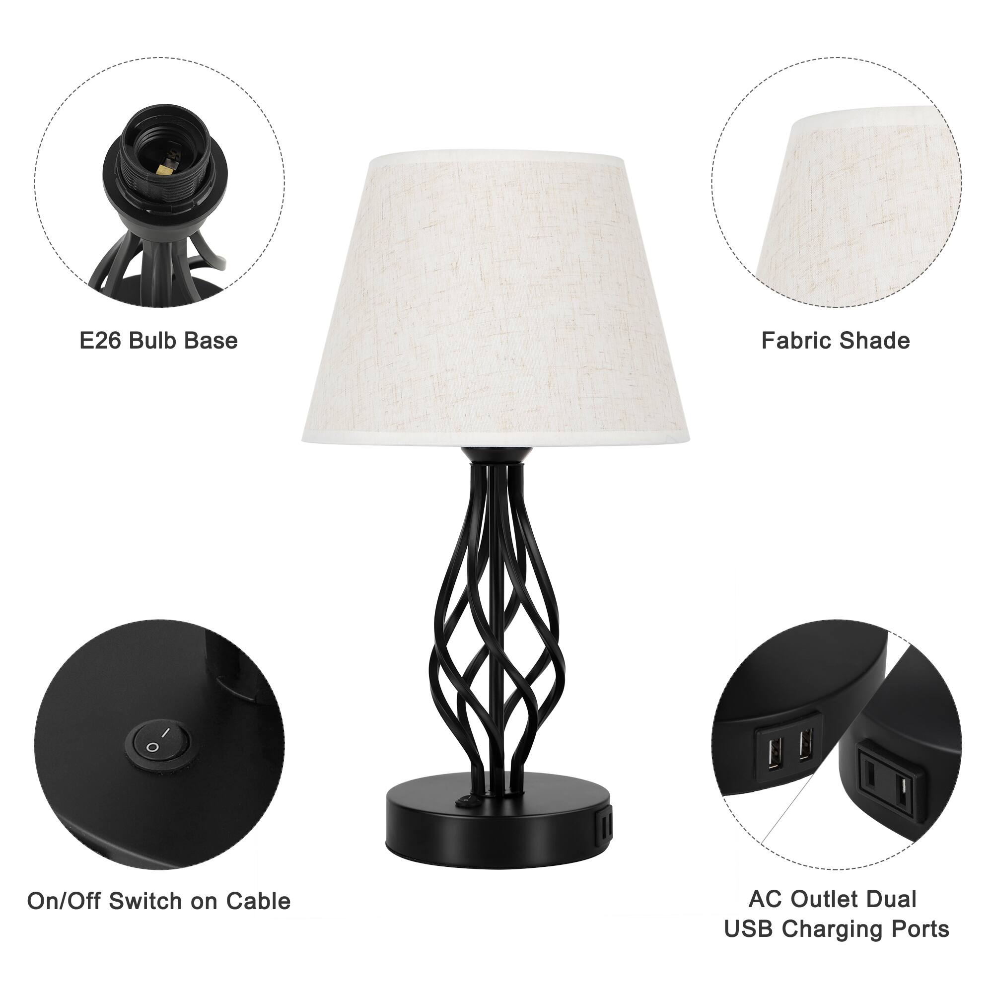 E26 Bulb Base  
Fabric Shade  
On/Off Switch on Cable  
AC Outlet Dual USB Charging Ports