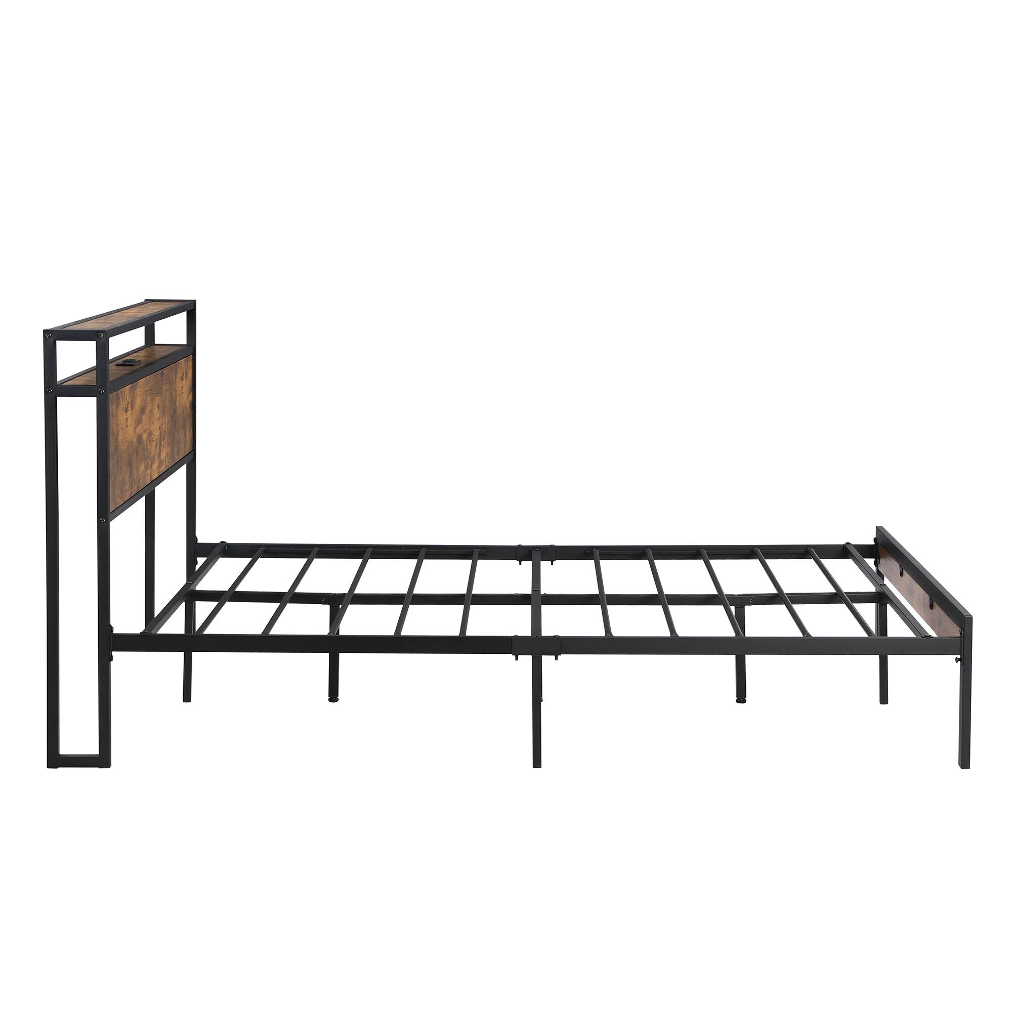 Alt View 1. Trinkets Crazed - Queen Size Metal Platform Bed Frame with Wooden Headboard and Footboard with USB Liner, No Box Spring Needed - Black.