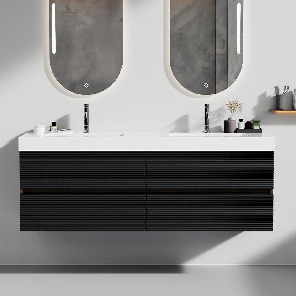 Alt View 2. Boyel Living - 60 in. Walnut Bathroom Vanity with Glossy White Solid Surface Sink, Wall Mounted Floating, Pre-Assembled - Black+Brown.