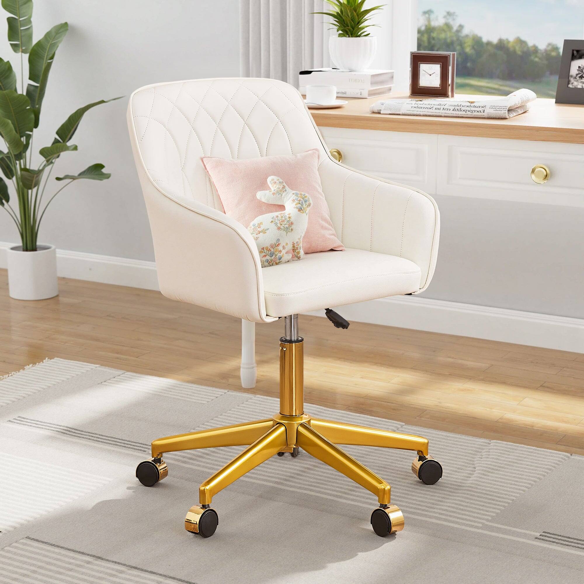 Vecelo - PU Swivel Adjustable Height Desk Chair & Vanity Stool - Rolling Office Chair, 330lbs Waterproof for Home & Makeup Room - White