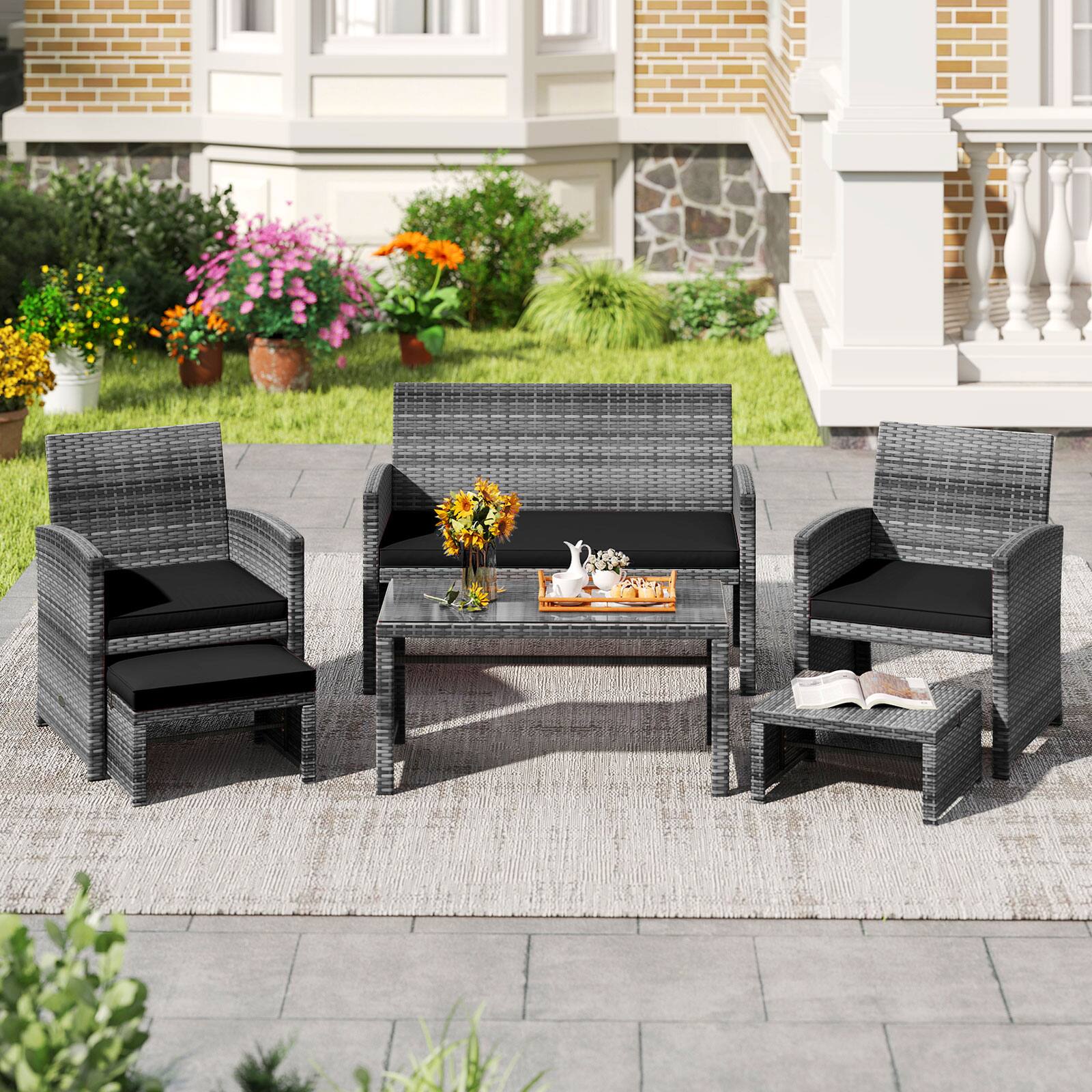 Alt View 1. Costway - Costway 6PCS Patio Furniture Set Outdoor Sectional Conversation PE Rattan Sofa Set - Mix Brown,Black.