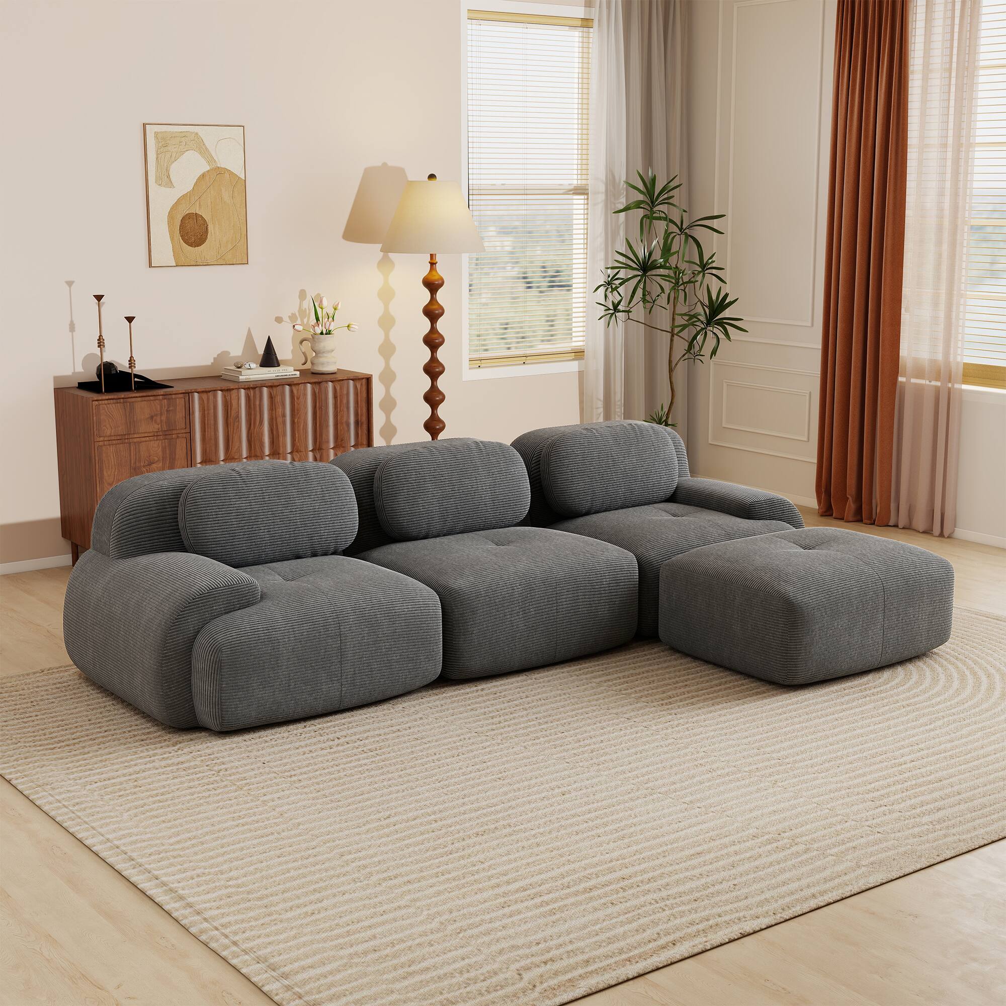 Front. Aukfa - 3 Seats + Ottoman Modular Corduroy Sectional Sofa - Ergonomic Support, Pet Friendly, Easy Assembly, Non-Slip Base - Gray.