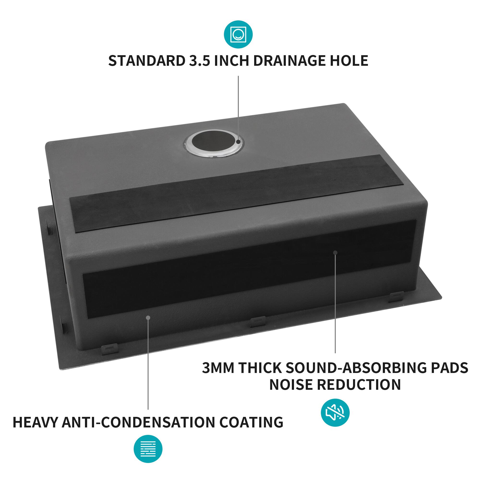 STANDARD 3.5 INCH DRAINAGE HOLE  
3MM THICK SOUND-ABSORBING PADS  
NOISE REDUCTION  
HEAVY ANTI-CONDENSATION COATING