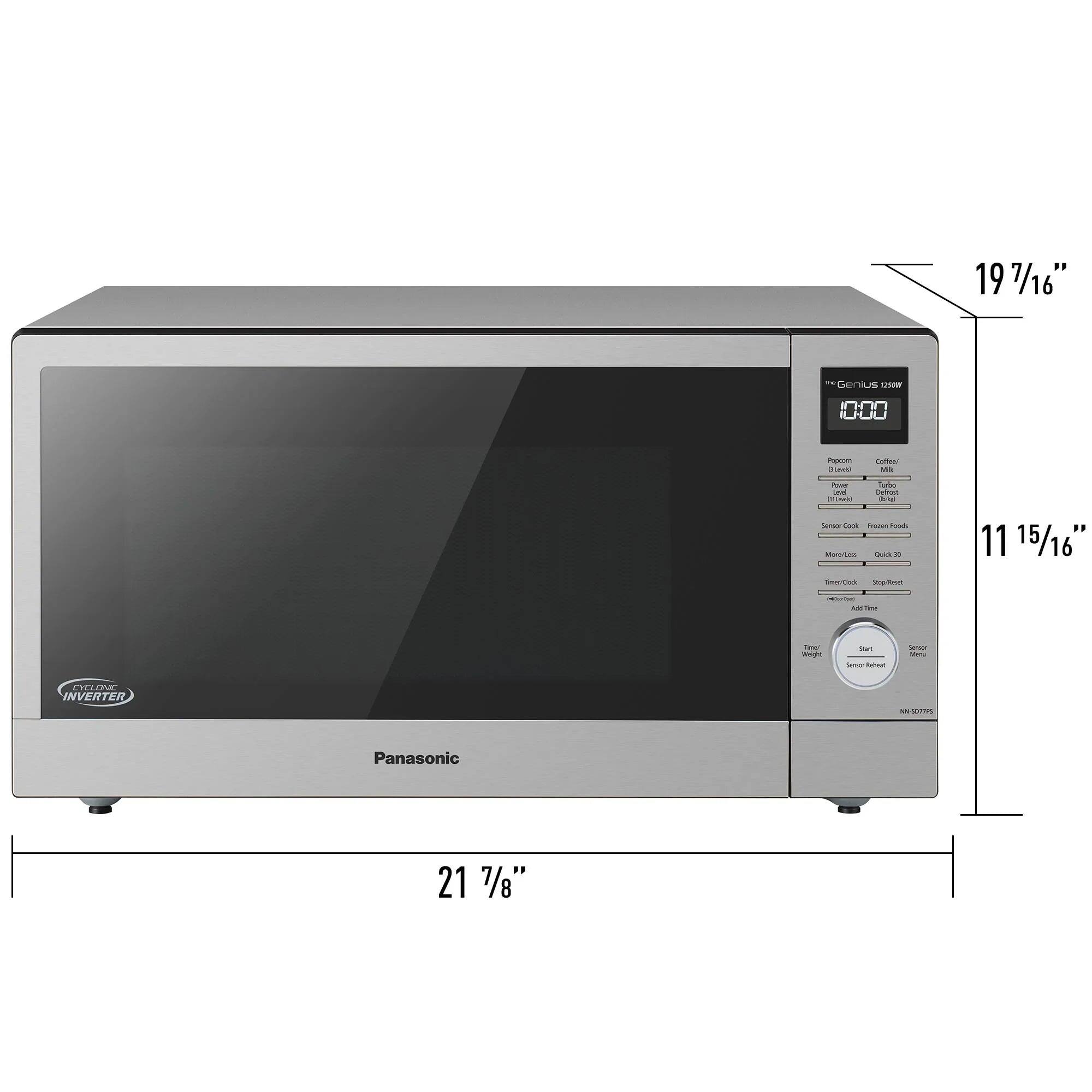 19 7/16"  
*Genius 1250W  
Popcorn D'aveld  
Coffee/ Milk  
Power AS (Weet)  
Tube Defrost (44  
Seroor-Cook frozon Foods More/Les Quick3 di  
11 15/16"  
Timer/Cook Stop Rost  
MODIFI AR THE  
Inal Weight  
Man Serson Reheat  
Secuce Menu  
CYCLONE INVERTER  
www.  
Panasonic  
21 7/8"