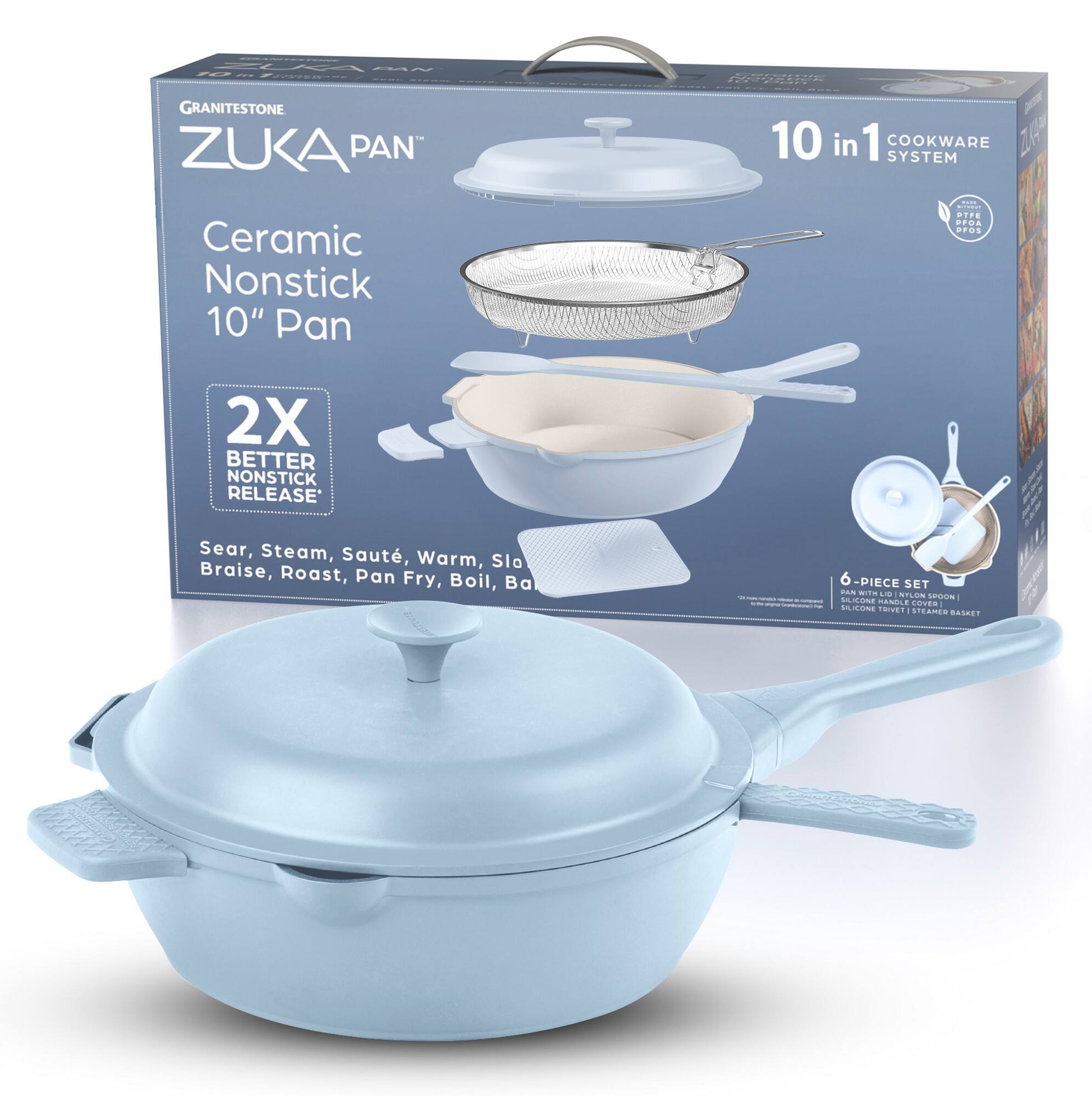 Granitestone - Zuka Everyday Pan 10" Nonstick Multi-Functional Saute Pan with Lid, Nylon Spoon and Steamer Basket - Blue