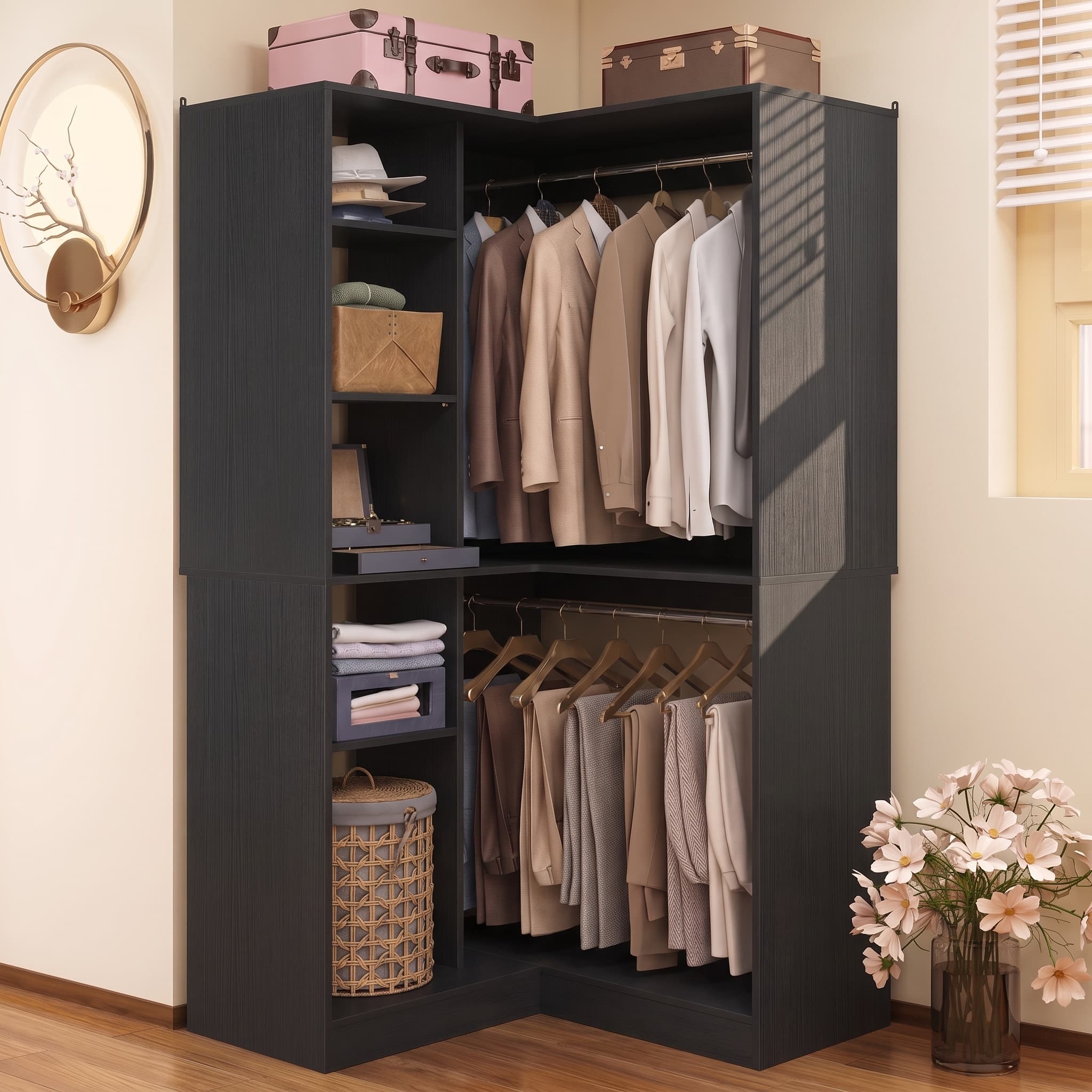 Aheaplus - 36"Corner Closet Organizer: Freestanding System With 2 Rods & 8 Shelves (36"W x 16"D x 80"H) - Black