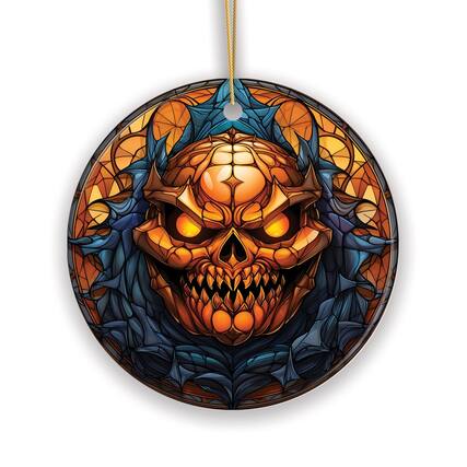 Front. OrnamentallyYou - Pumpkin Skull with Glowing Red Eyes Stained Glass Style Ceramic Ornament Halloween Themed Christmas - Multi-colored.