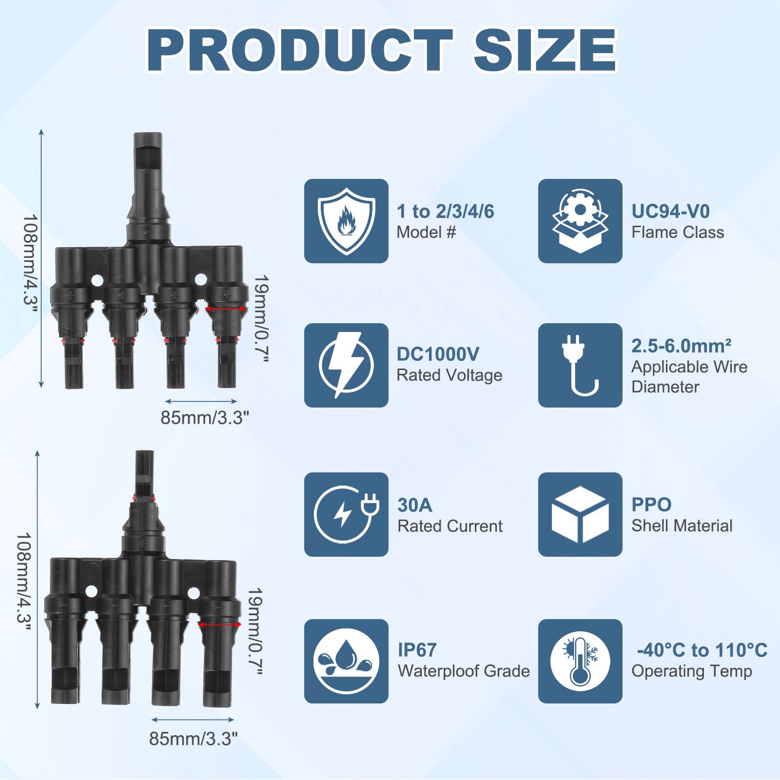 PRODUCT SIZE  
108mm/4.3"  
19mm/0.7"  
85mm/3.3"  

1 to 2/3/4/6  
Model # DC1000V  
Rated Voltage  
UC94-VO Flame Class  
2.5-6.0mm Applicable Wire Diameter  
30 Rated Current  
IP67 Waterploof Grade  
PPO Shell Material  
-40C to 110C Operating Temp