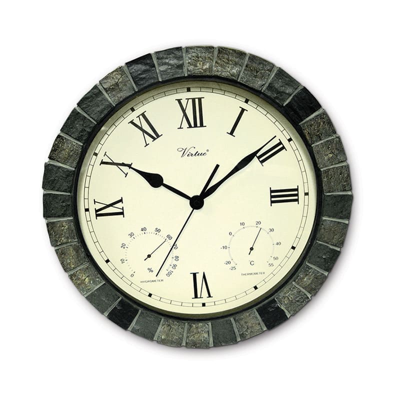Swim Central - 15" Battery Operated Faux Stone Large Print Roman Numeral Outdoor Clock with Thermometer and Hygrometer - Beige