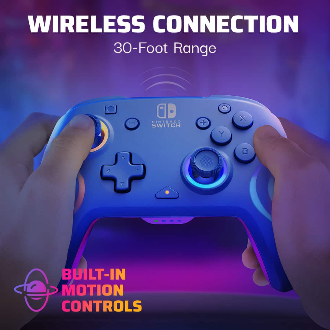 WIRELESS CONNECTION 30-FOOT RANGE FOR NINTENDO SWITCH. + Y X B BUILT-IN MOTION CONTROLS.