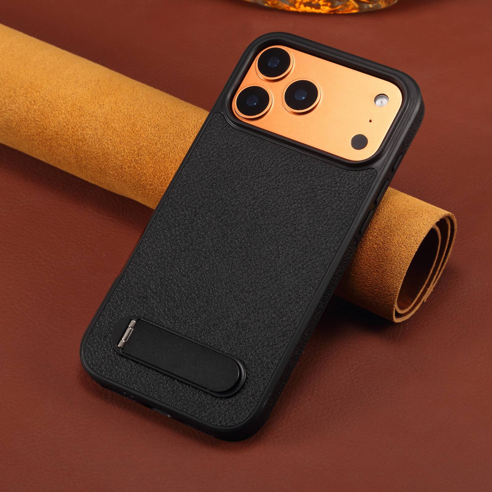 Alt View 4. Dteck - for Apple iPhone 17 Pro Max Magnetic Case with Built-in Hidden Kickstand,Lychee Texture Shockproof Protective Cover - Black.