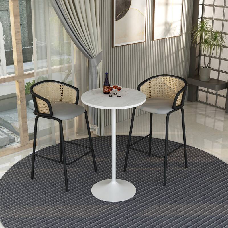 Left. LeisureMod - Verve 27 Inch Round Bar Height Table with Marbleized White Laminated Top and White Base, Modern Bistro Pub Table - White Marbleized.