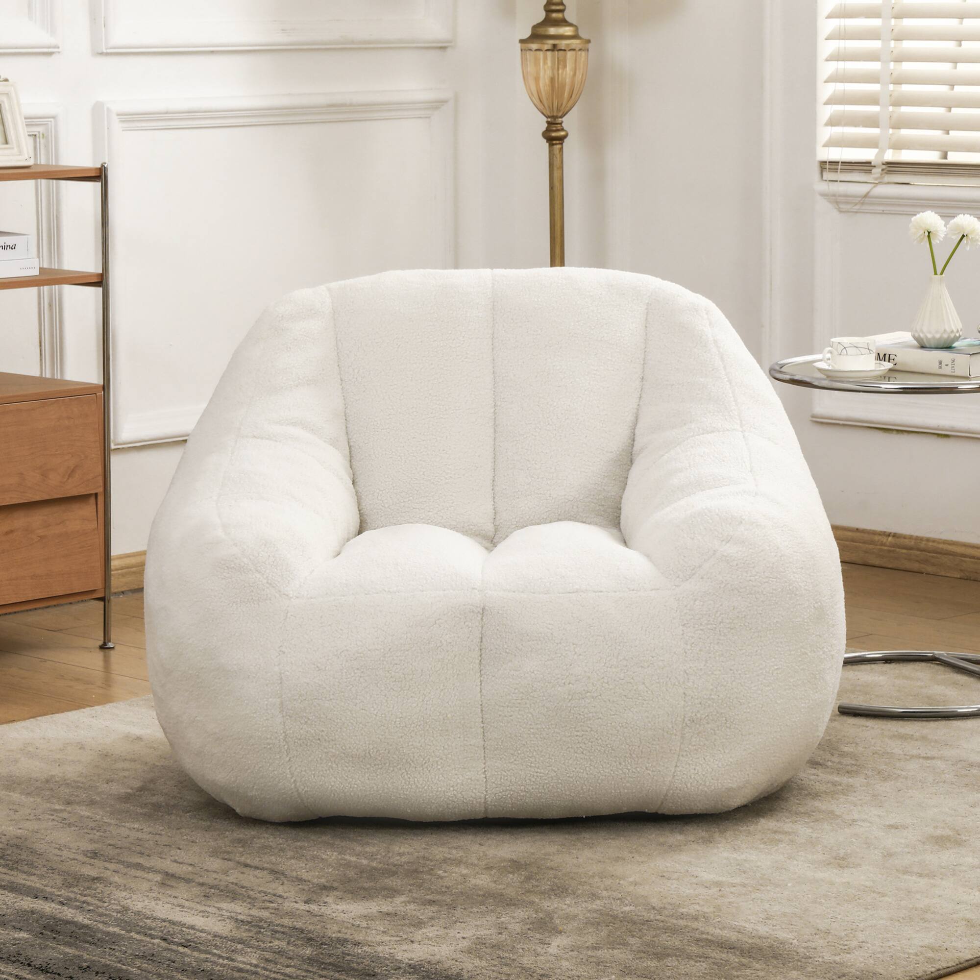 Back. GOODSILO - Large Faux Fur Bean Bag Chair with Memory Foam Filling for Ultimate Comfort and Support - White.