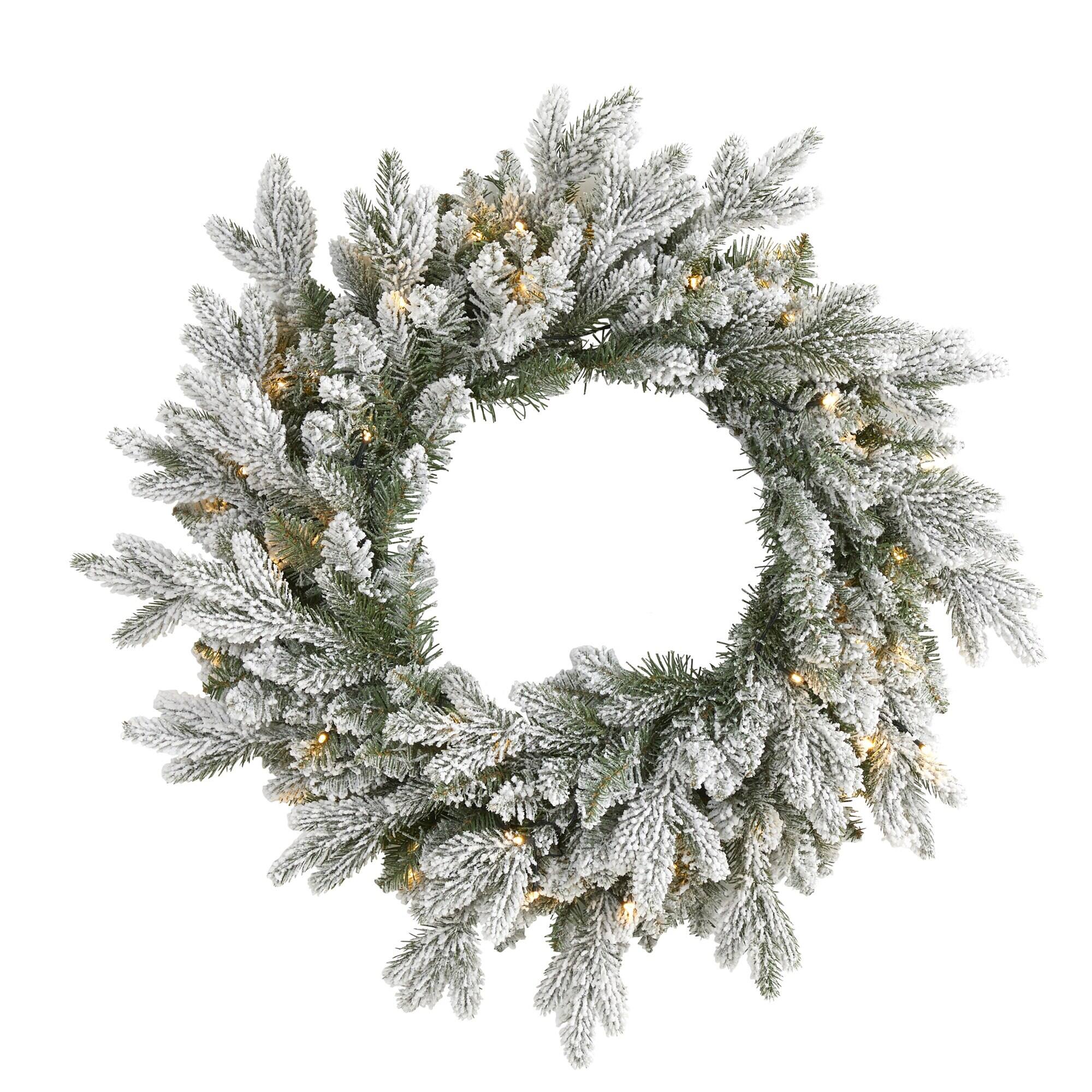 Front. BreeBe - 24” Flocked Christmas Wreath with 50 LEDs and 264 Tips - Green.