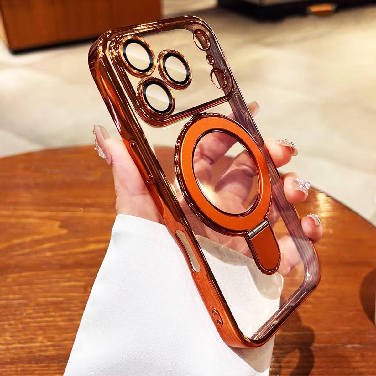 Angle. Dteck - Magnetic Ring Stand Case for iPhone 17 Pro Max, Compatible with MagSafe, Clear Back Phone Cover Full Camera Lens Cover - Orange.