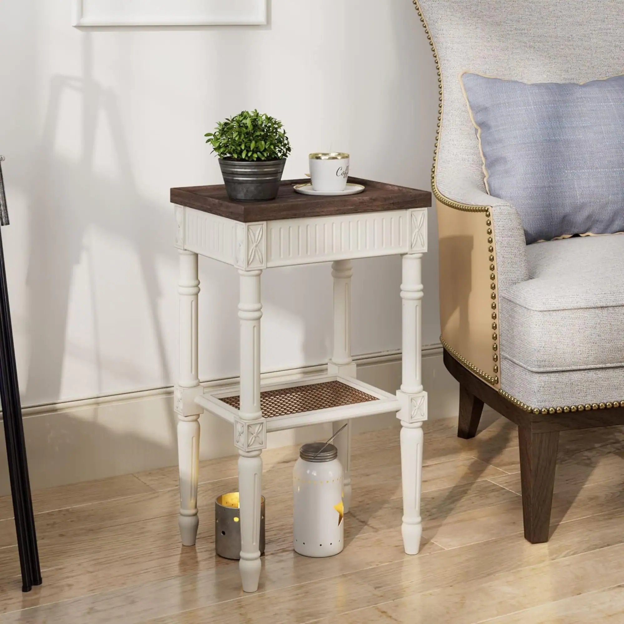 Alt View 7. COZAYH - COZAYH French Country Accent End Table, Wood Tray Top Side Table, Brown & White - Brown & White.