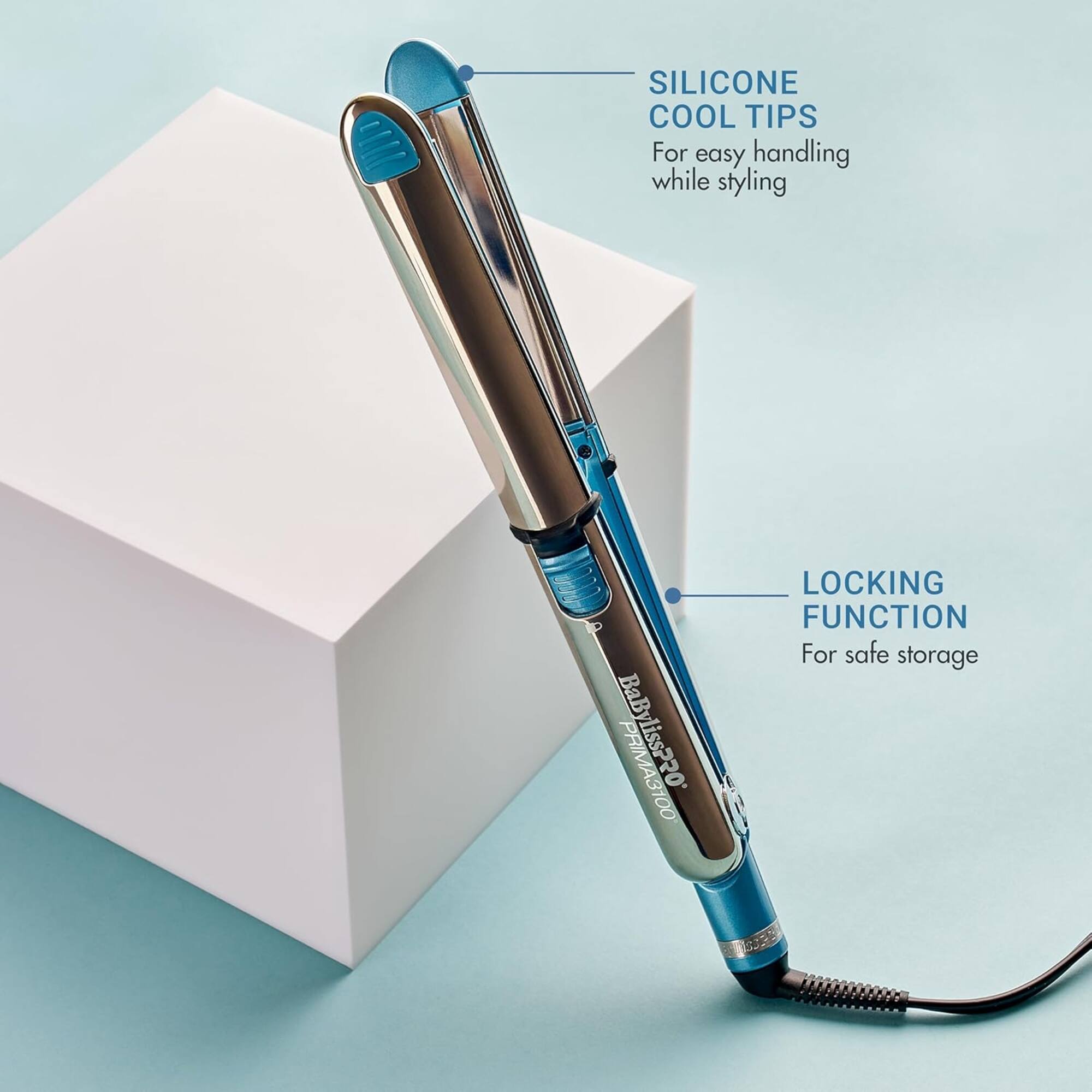 SILICONE COOL TIPS  
For easy handling while styling  

LOCKING FUNCTION  
For safe storage