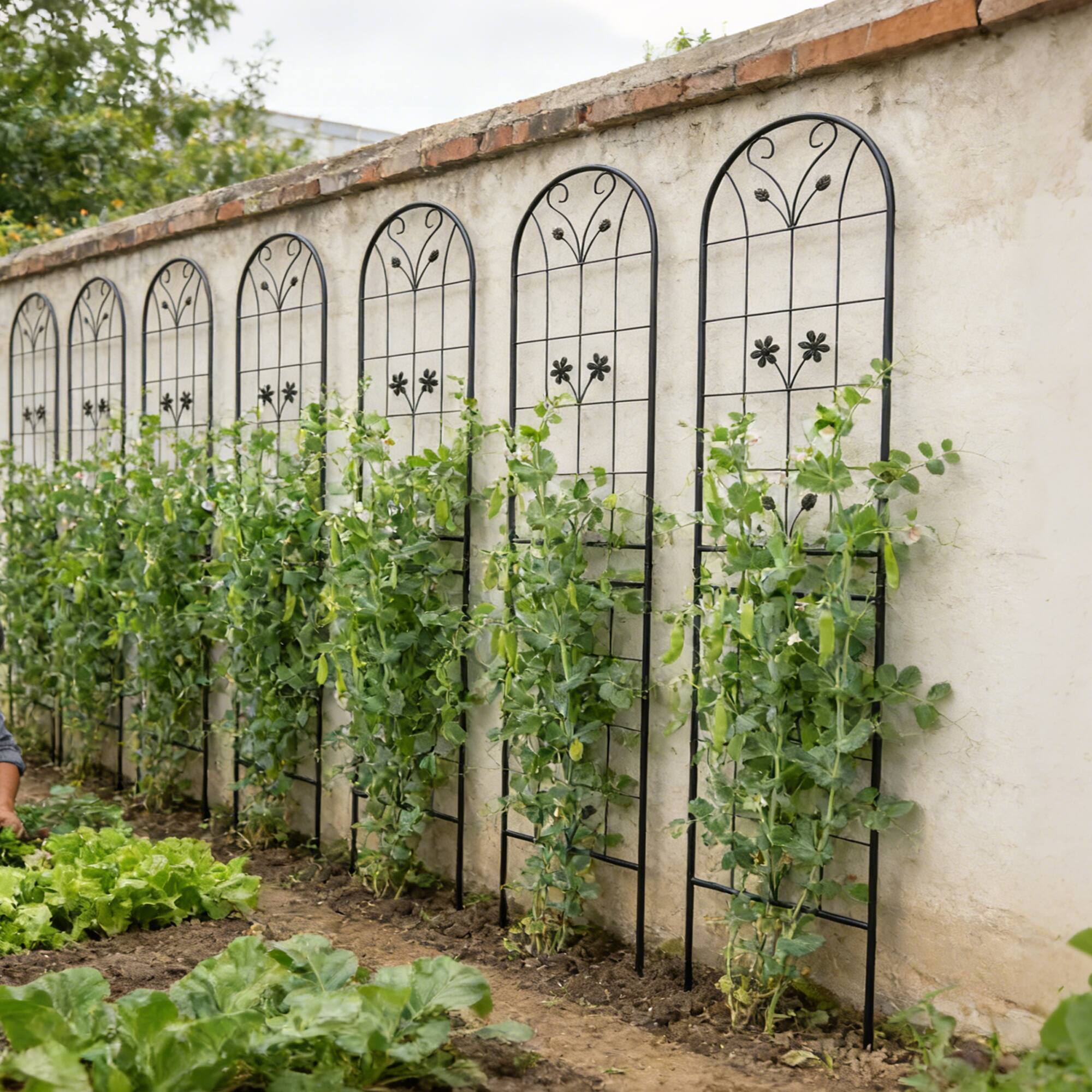 Left. Loheer - 4-Pack Metal Garden Trellis Panels for Climbing Plants, Outdoor Flower Support, Iron Construction - Black.