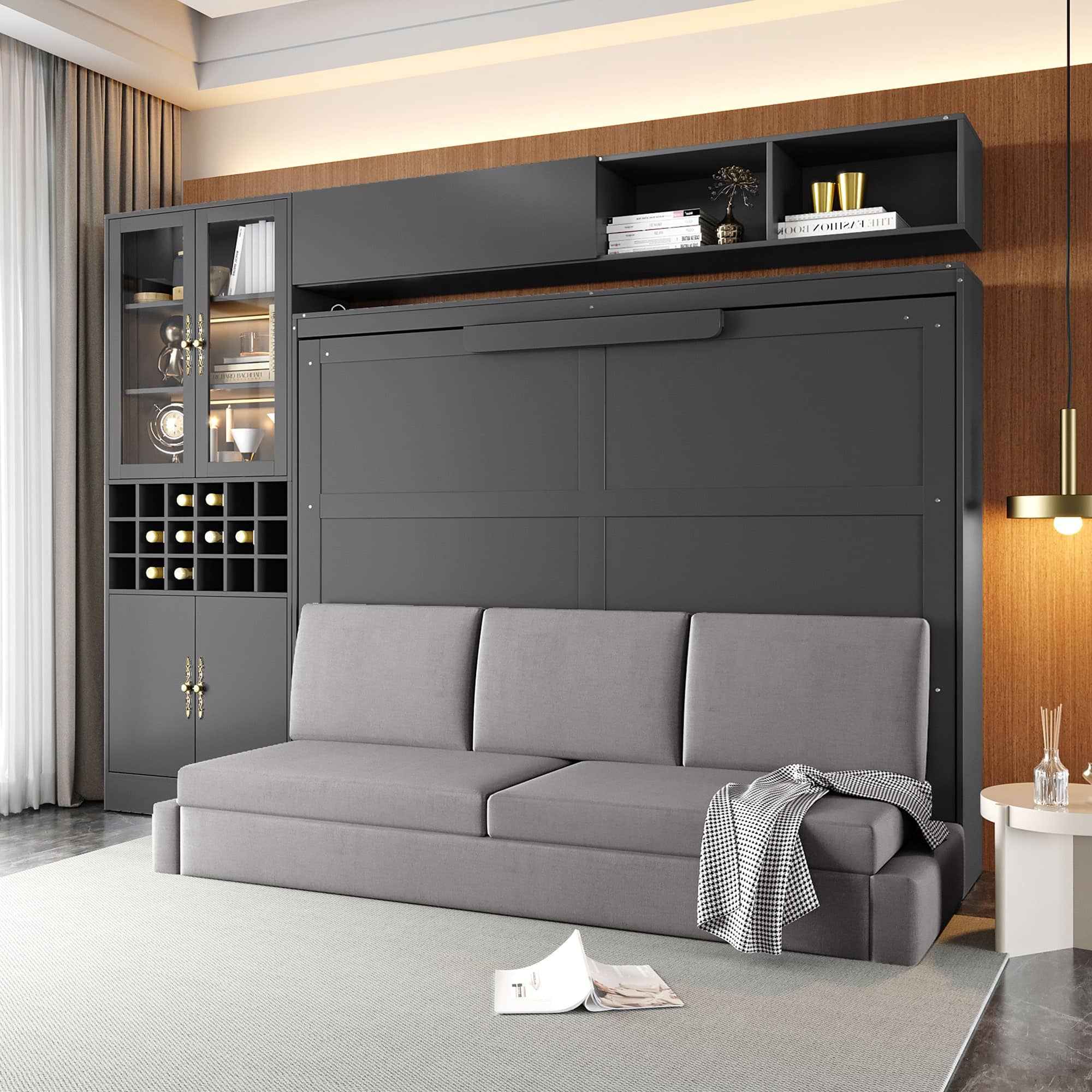 Anysun - Queen Size Murphy Bed Wall Bed with Sofa , Shelves USB & Light - Gray