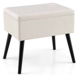 Costway - Velvet Vanity Stool Ottoman with Storage Solid Wood Legs Flip-Up Top for Entryway - Beige