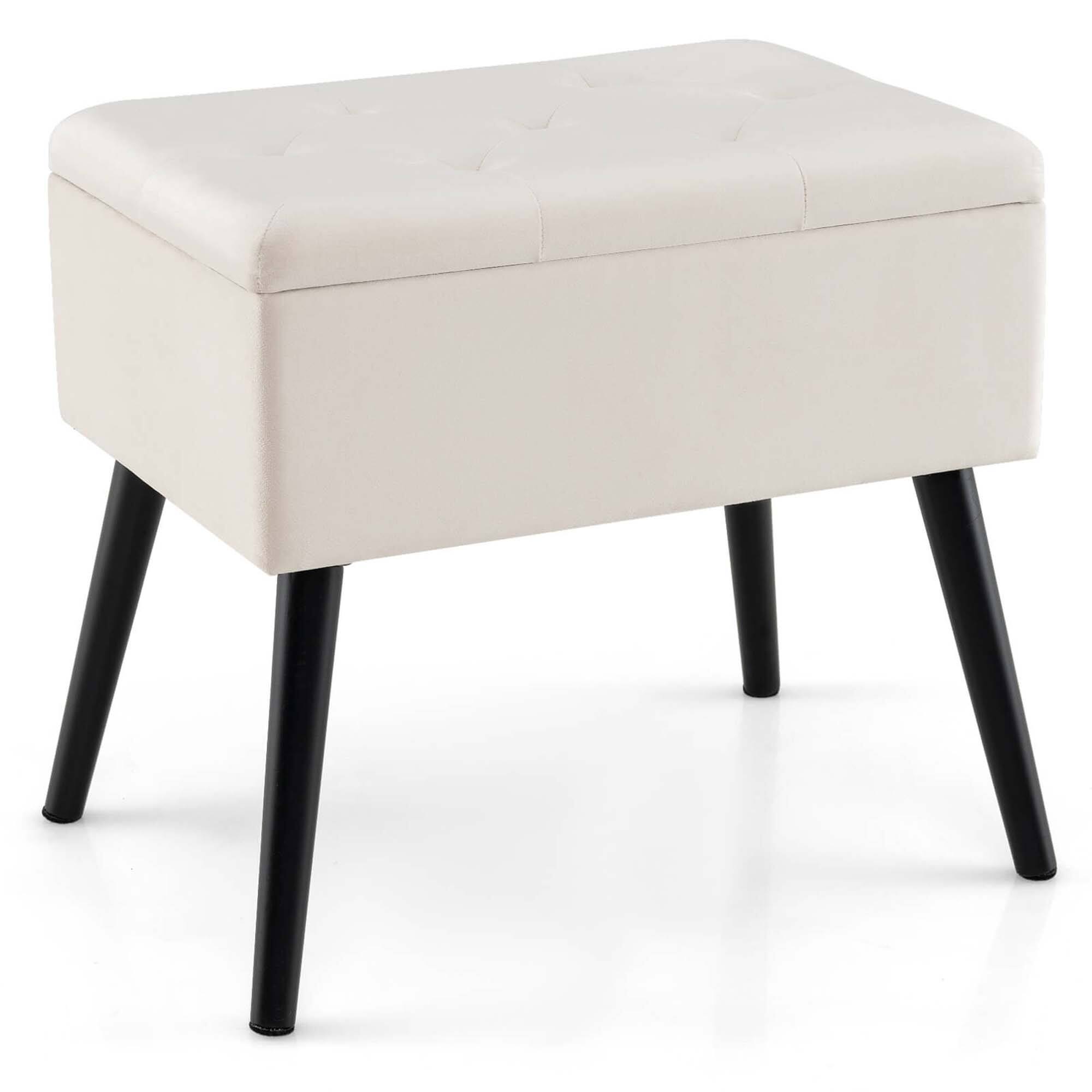 Front. Costway - Costway Velvet Vanity Stool Ottoman with Storage Solid Wood Legs Flip-Up Top for Entryway Beige - Beige.