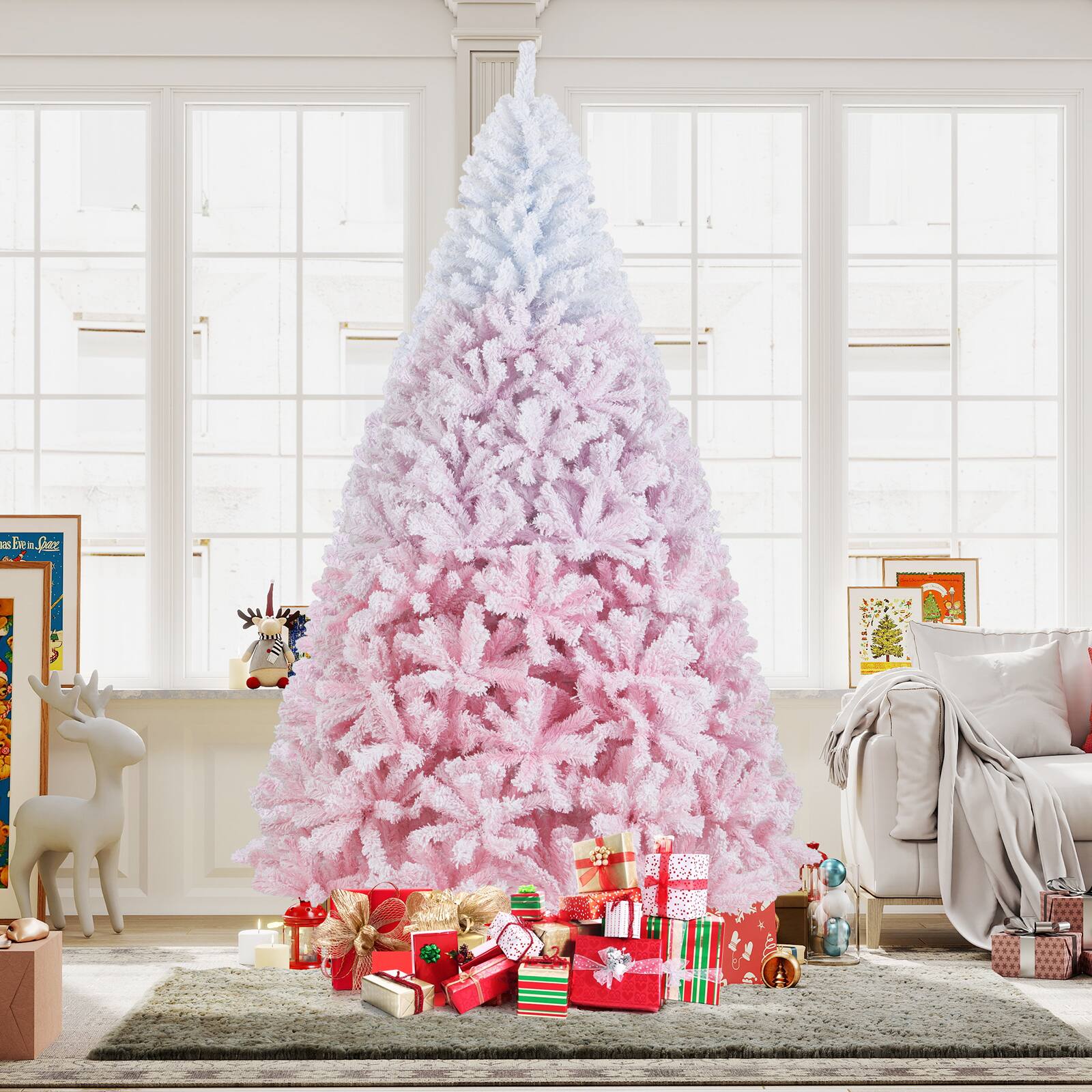 Alt View 3. Gymax - Gymax 8  FT Artificial Christmas Tree Hinged Snow Flocked Xmas Tree w/ 1774 Lush Branch Tips - Pink.
