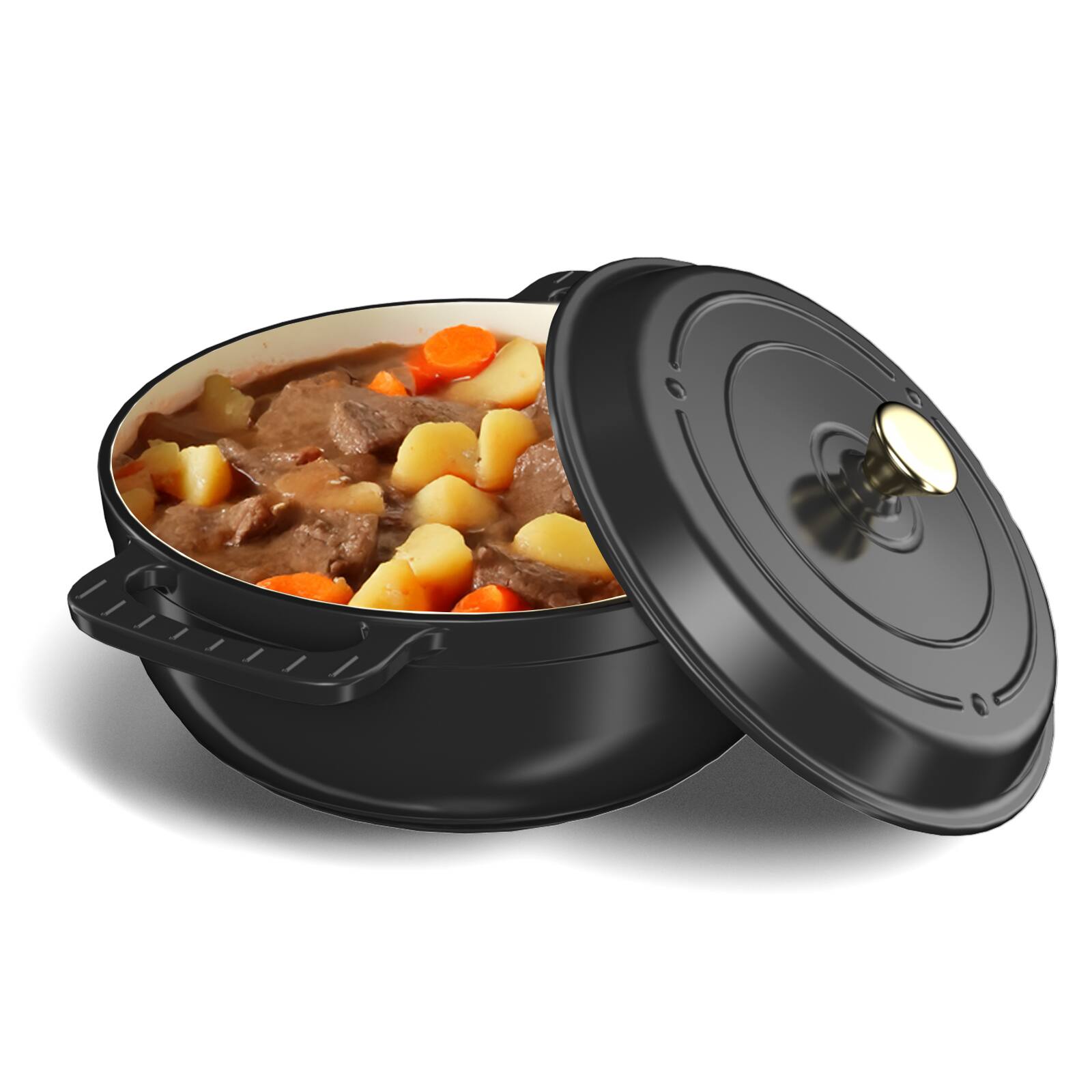 Left. Winado - 6QT Dutch Oven Enameled Cast Iron Bread Oven with Moisture-Lock Lid for Sourdough Baking & Cooking, Oven & Stovetop Safe - Black.