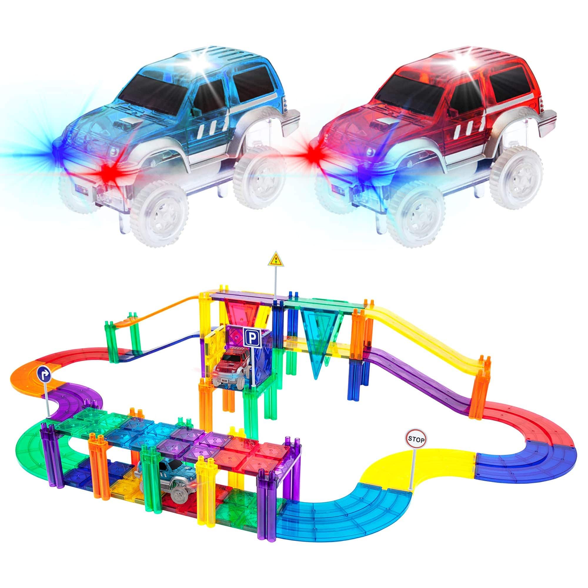 PicassoTiles - PICASSO-TILES Race Track Magnetic Tiles for Kids, 50PCS with 2 Racing Cars, STEM Building Blocks Educational Toy - Multicolor