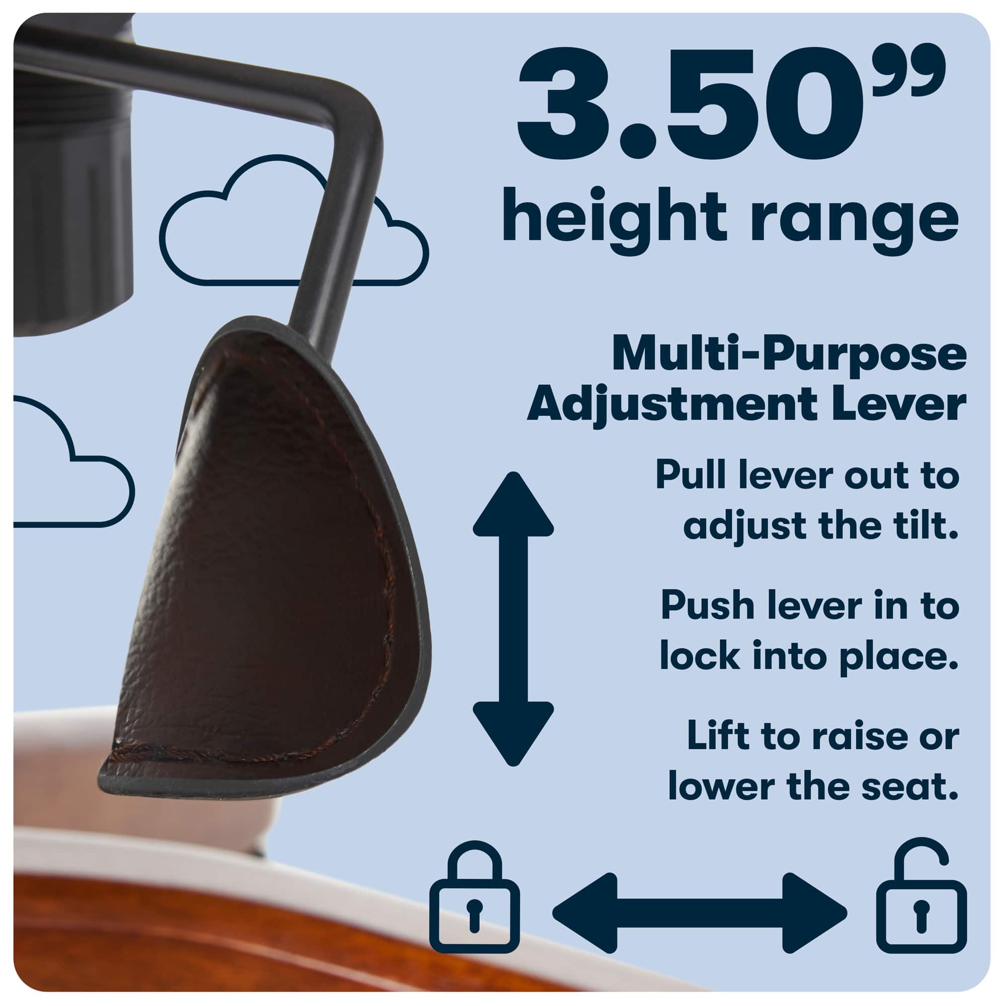 The image features a black leather golf club head cover with a 3.50" height range. The cover is designed with a multi-purpose adjustment lever, which allows the user to easily adjust the tilt of the club head. To do this, the user can pull the lever out to change the angle and then push it back in to lock the adjustment in place. Additionally, the cover has a built-in locking mechanism that can be activated by lifting the cover to raise or lower the seat. This ensures the club head cover remains securely in place when not in use.