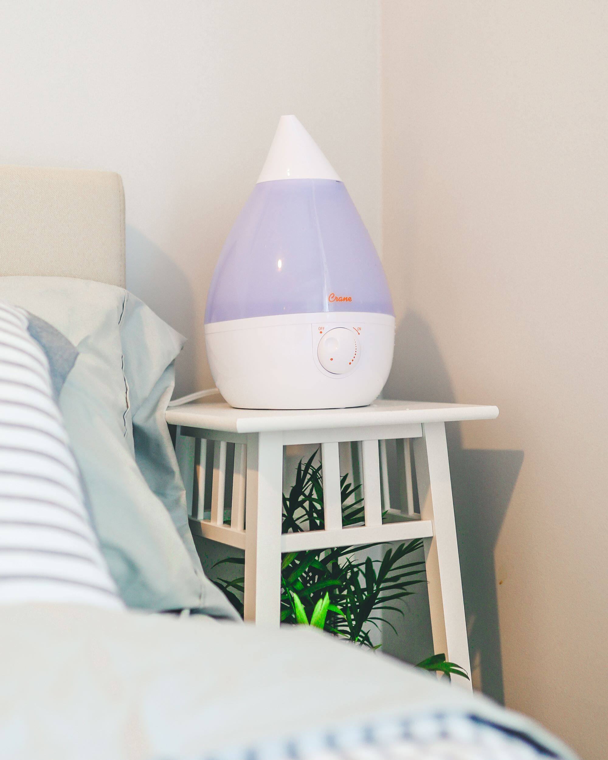 The image features a bedroom with a bed and a nightstand. On the nightstand, there is a white humidifier and a small potted plant. The humidifier is purple and white, and it is placed on a small table. The bed is positioned next to the nightstand, creating a cozy and comfortable atmosphere in the bedroom.