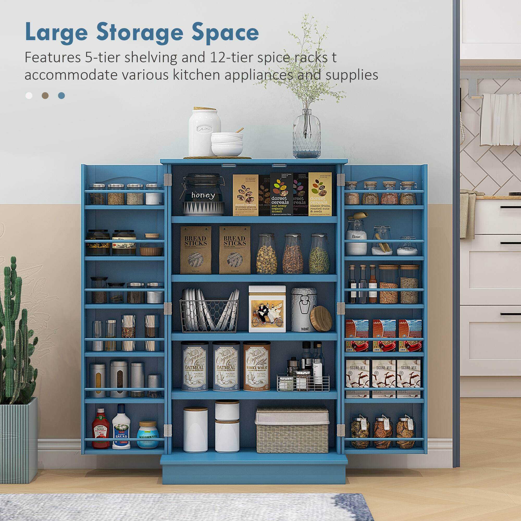 Large Storage Space
Features 5-tier shelving and 12-tier spice racks to accommodate various kitchen appliances and supplies

- Honey
- Dorset
- Oats
- Reals
- Cereals
- Bread Sticks
- Oatmeal
- Soup
- Wheat
- Tea
- Spices